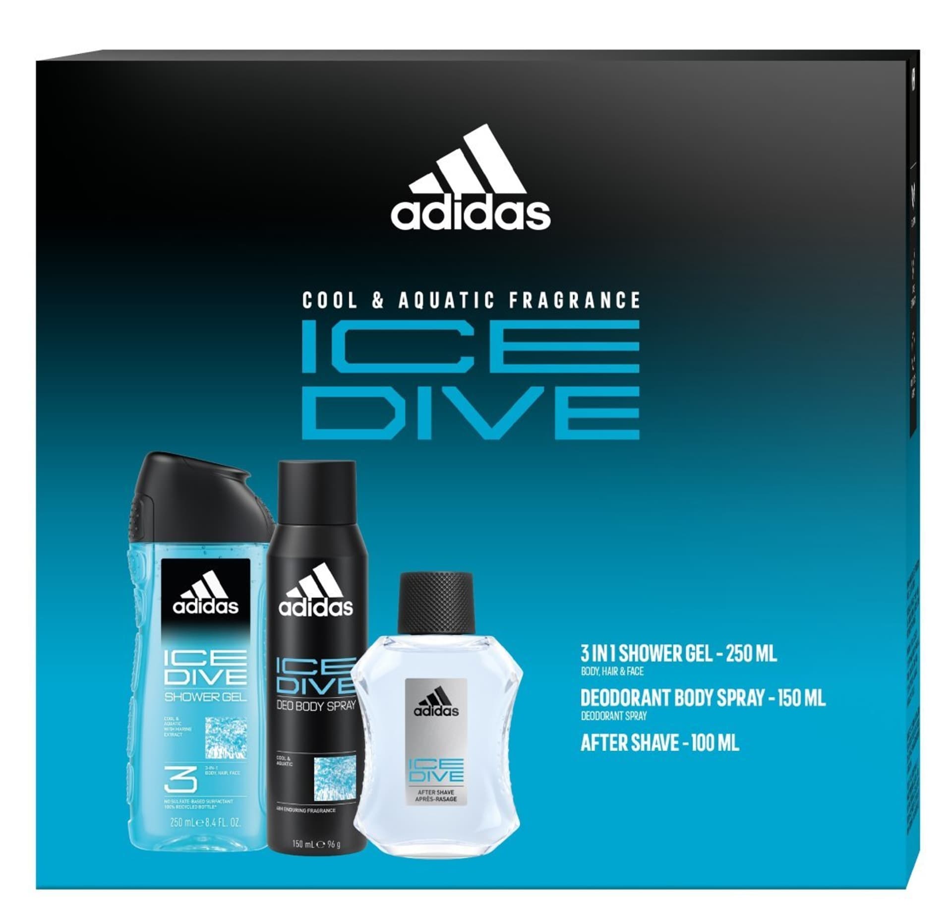 

ADIDAS Zestaw prezentowy Ice Dive (Woda po goleniu 100ml+Dezodorant spray 150ml+Żel pod prysznic 3w1)