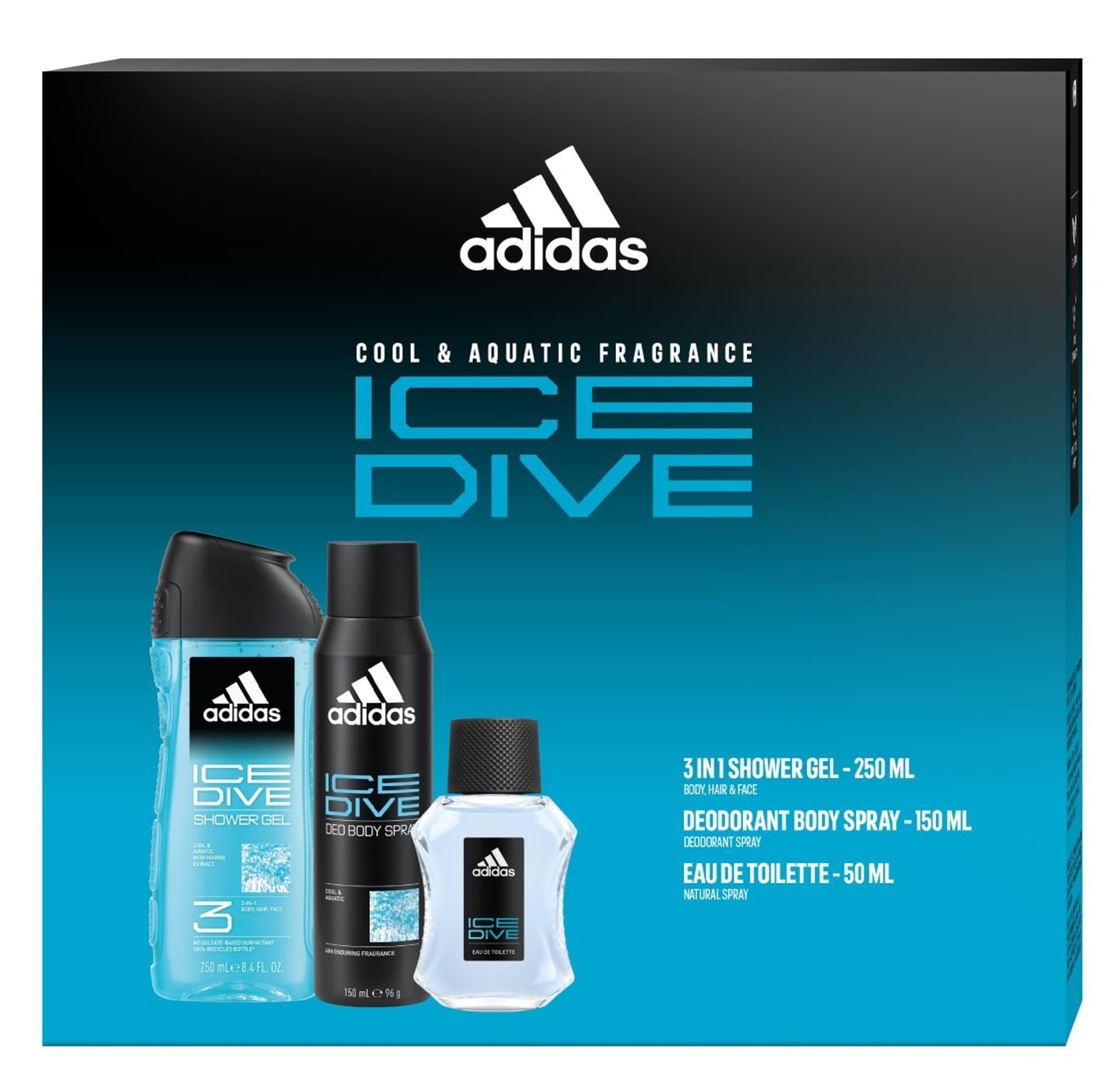 

ADIDAS Zestaw prezentowy Ice Dive (Woda toaletowa 50ml+Dezodorant spray 150ml+Żel pod prysznic 3w1)