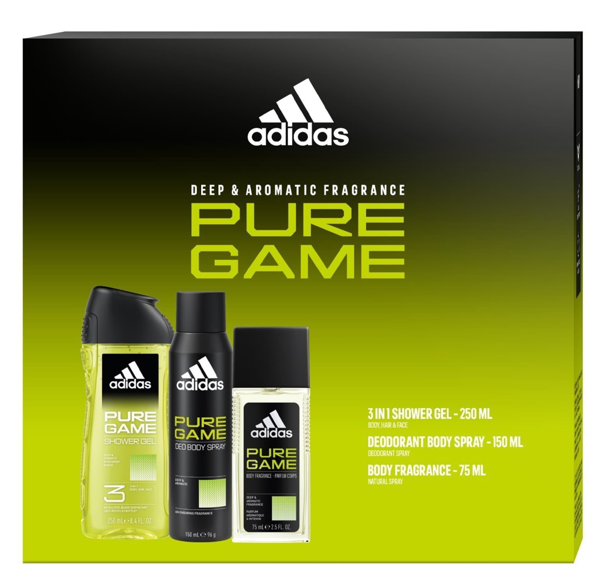 

ADIDAS Zestaw prezentowy Pure Game (Dezodorant naturalny spray 75ml+Dezodorant spray 150ml+Żel pod prysznic 3w1)