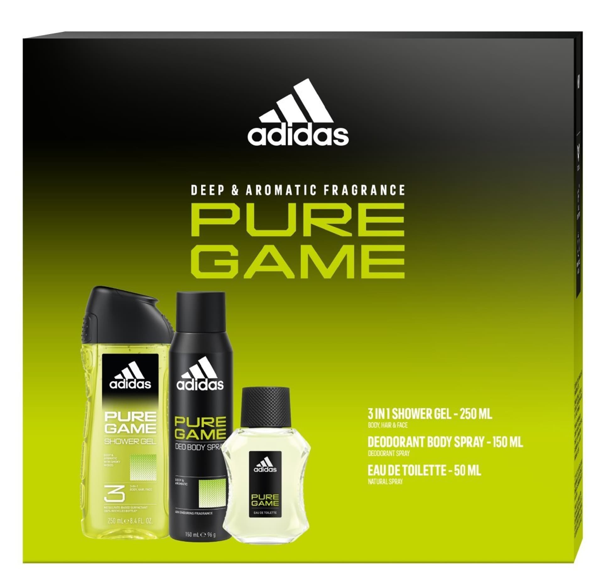 

ADIDAS Zestaw prezentowy Pure Game (Woda toaletowa 50ml+Dezodorant spray 150ml+Żel pod prysznic 3w1 250ml)