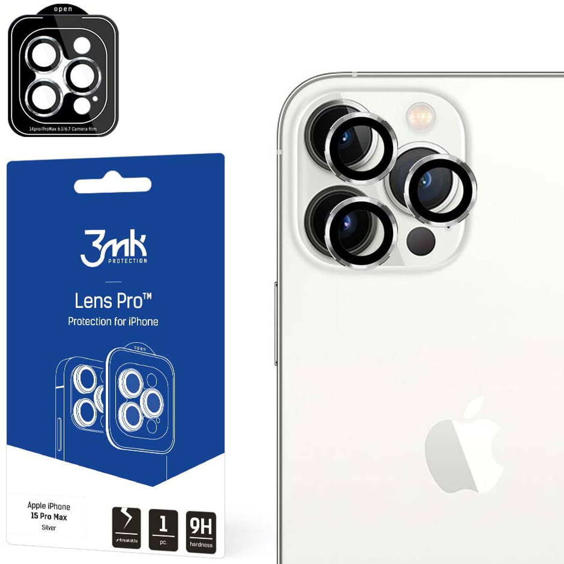 

3MK Lens Protection Pro iPhone 15 Pro Max 6.7" srebrny/silver Ochrona na obiektyw aparatu z ramką montażową 1szt.