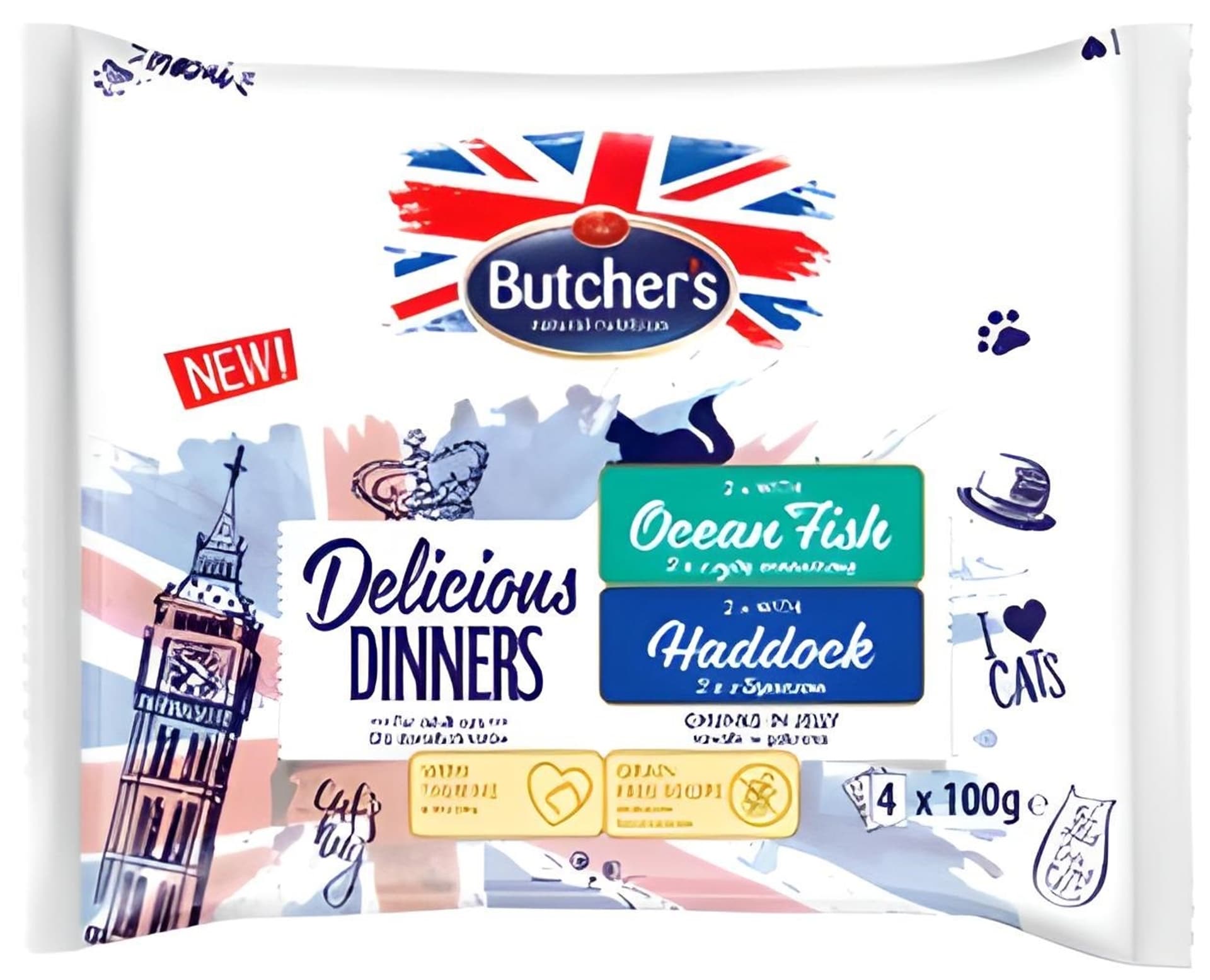

Butcher's Delicious Dinners, karma dla kota, kawałki z rybą oceaniczną/z łupaczem w galaretce, 4x100g