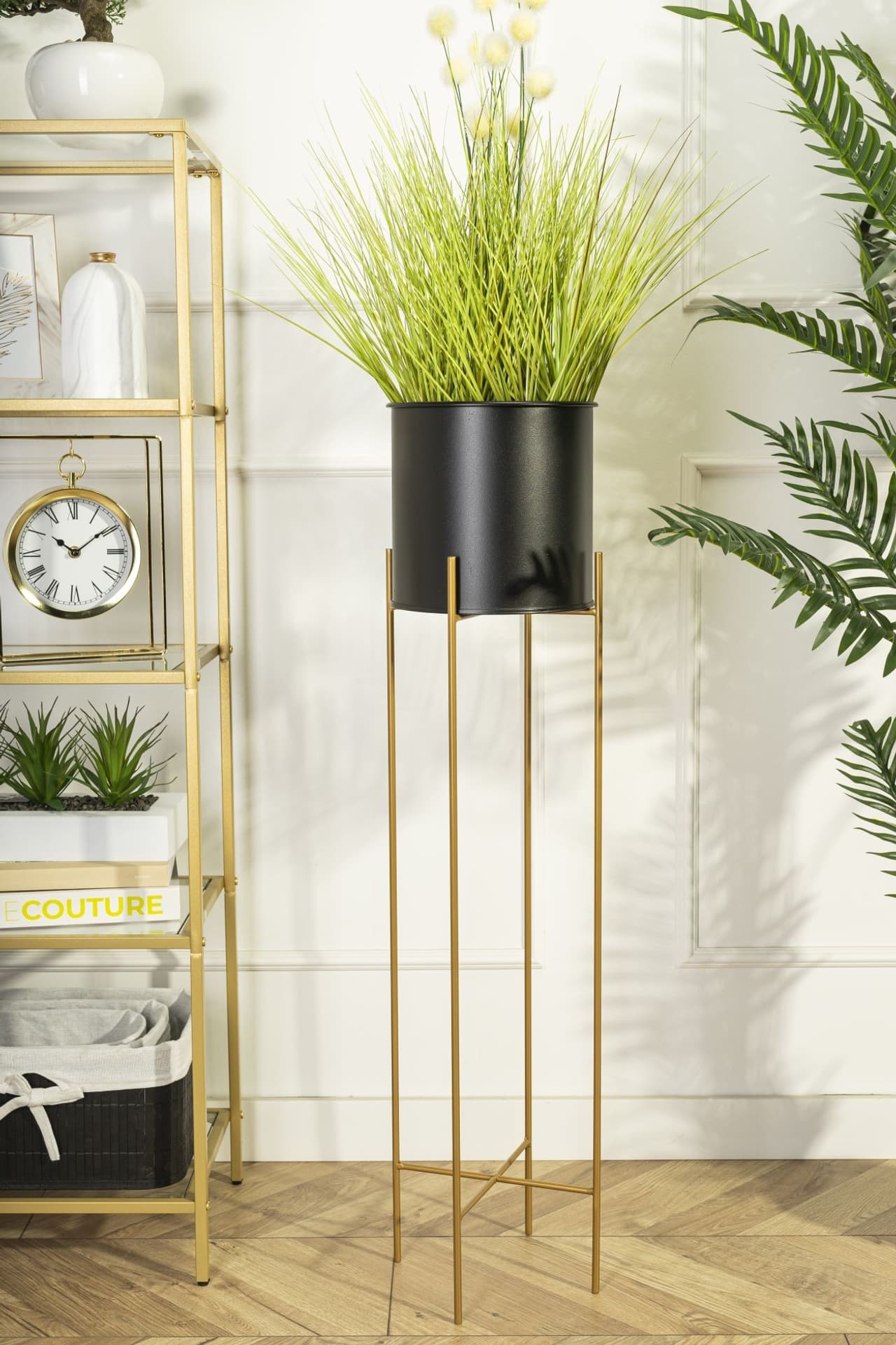 

Nowoczesny kwietnik metalowy stojak złoto czarny 95 cm