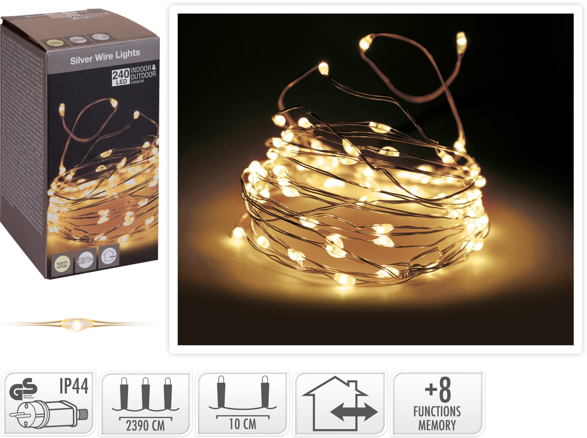 

ŁAŃCUCH LED 240 LED CIEPŁA BIAŁA +8funkcji 239m