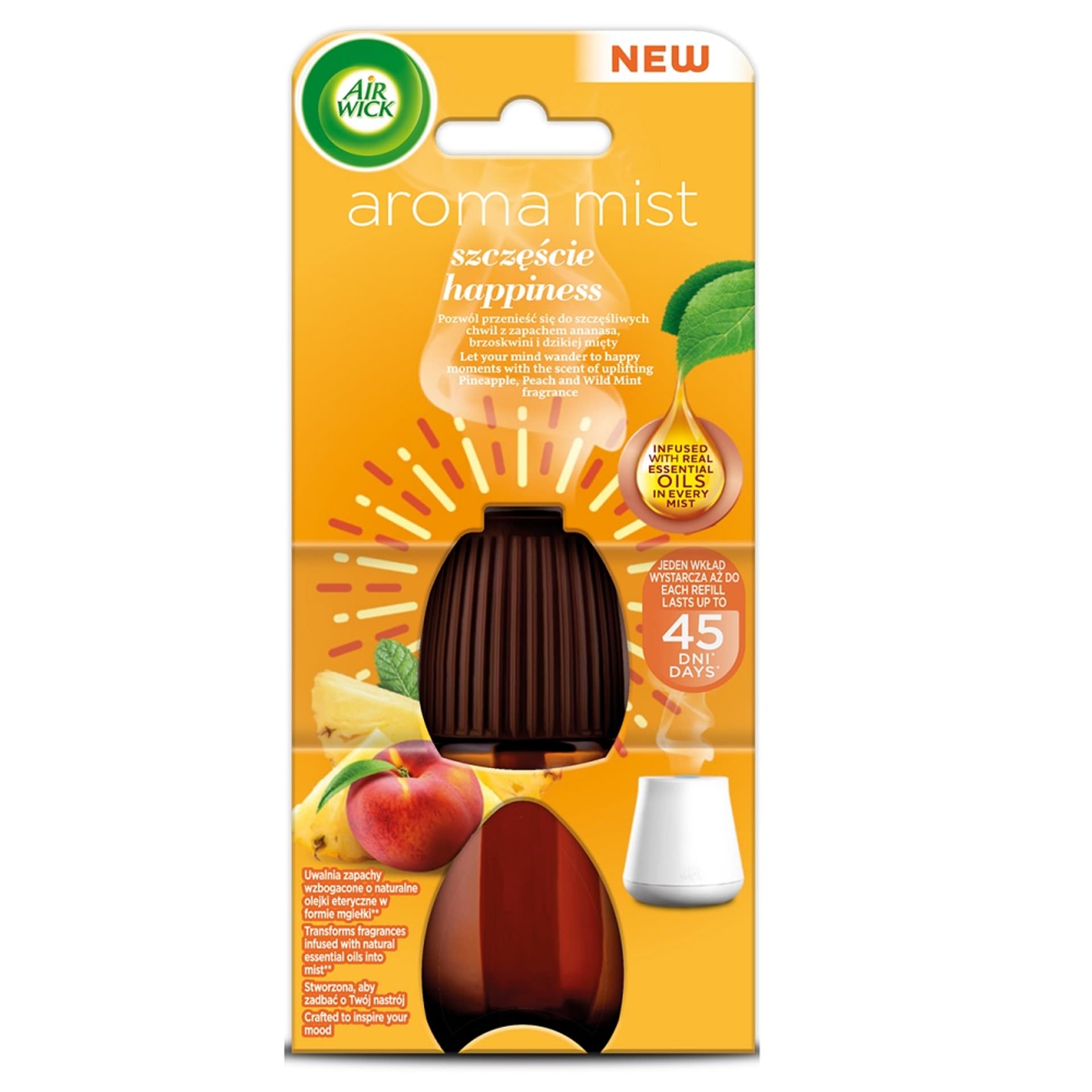 

Air Wick Aromatyczna Mgiełka z Olejkami Eterycznymi Szczęście wkład do automatycznego odświeżacza Ananas Brzoskwinia Dzika Mięta 20ml