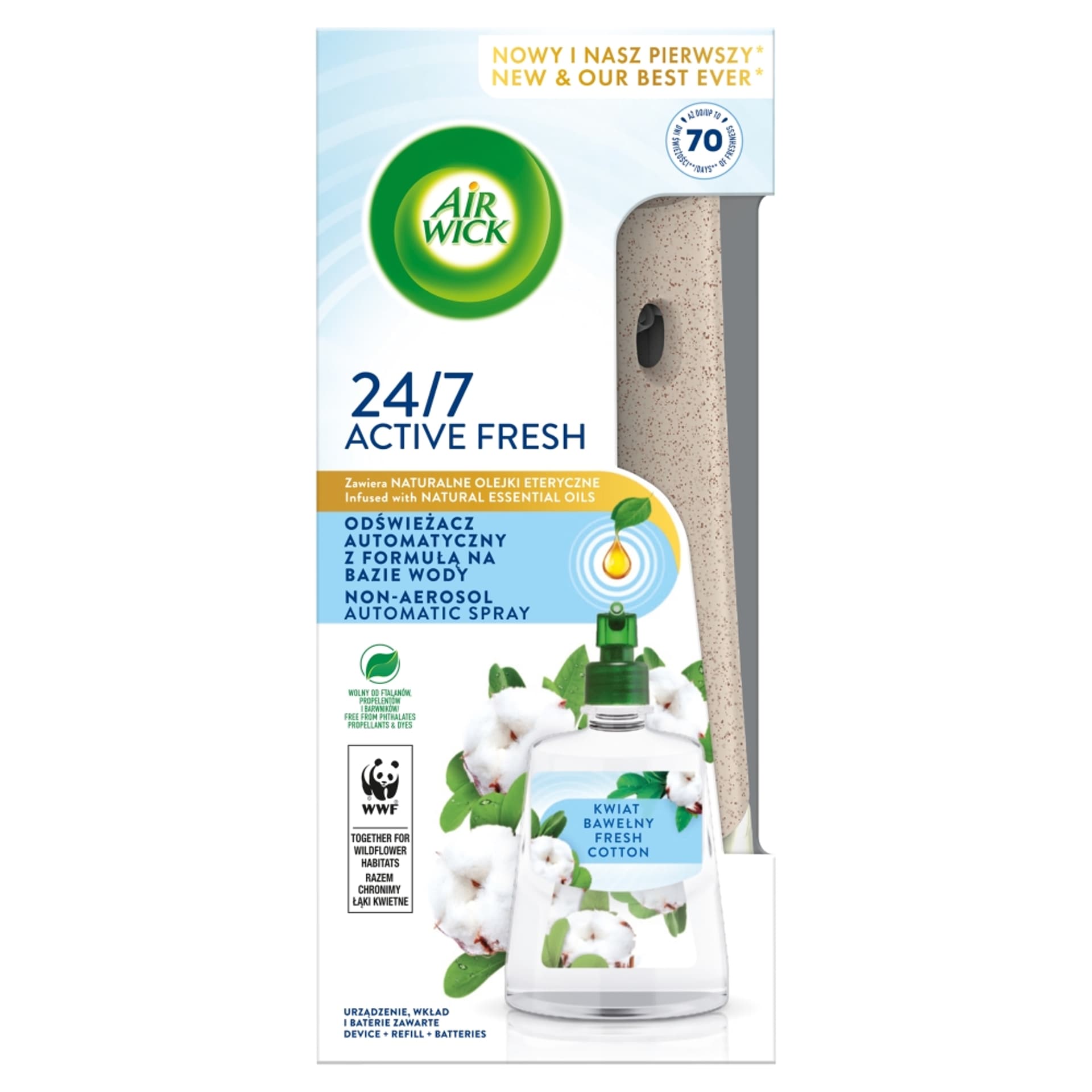

AIR WICK SET Active Fresh automatyczny odświeżacz powietrza + wkład o zapachu Kwiat Bawełny 228ml