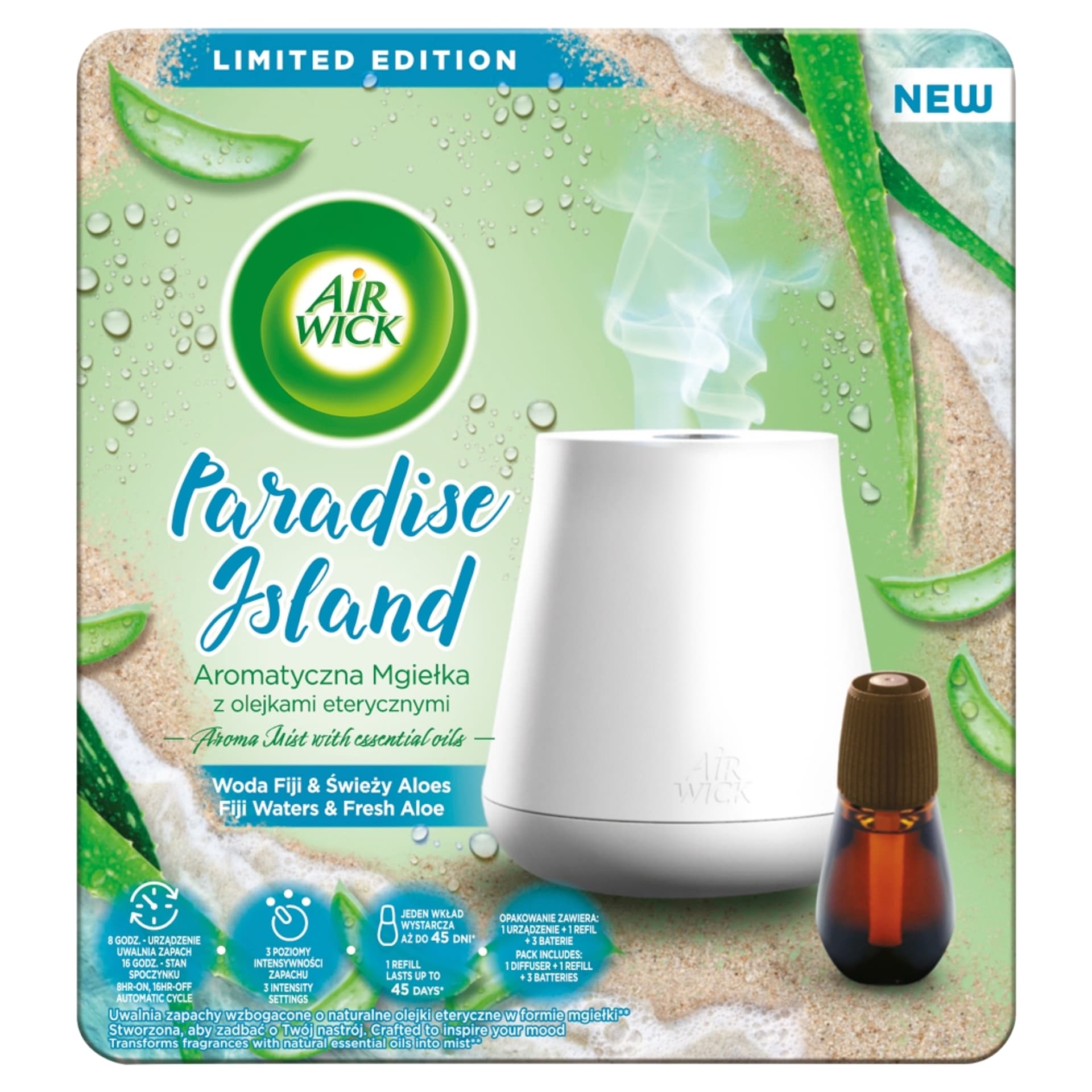 

AIR WICK SET Essential Mist Aroma Paradise Island odświeżacz powietrza + wkład Woda Fiji Świeży Aloes 20ml