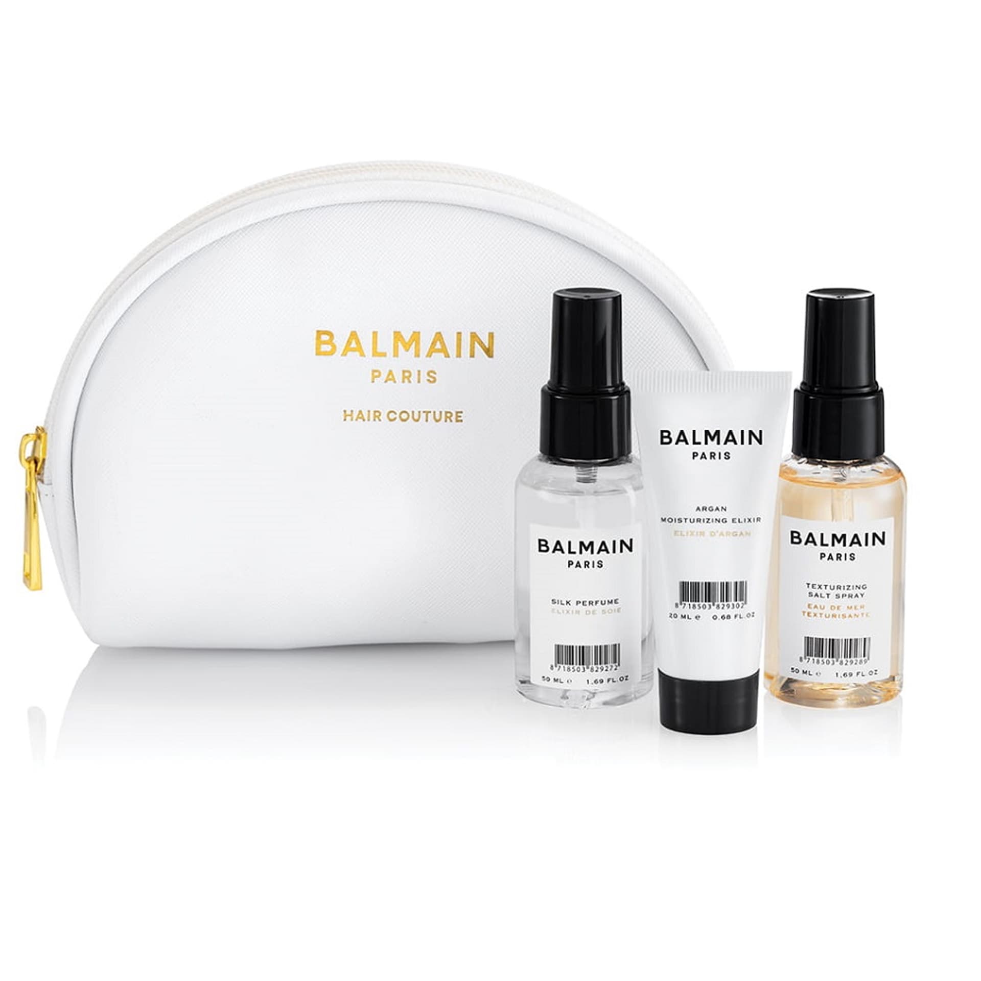 

BALMAIN SET Hair Love Silk Perfume nabłyszczający spray 50ml + Argan Moisturizing Elixir eliksir do włosów 20ml + Texturizing Salt Spray spray na bazie soli nadający teksturę 50ml + kosmetyczka