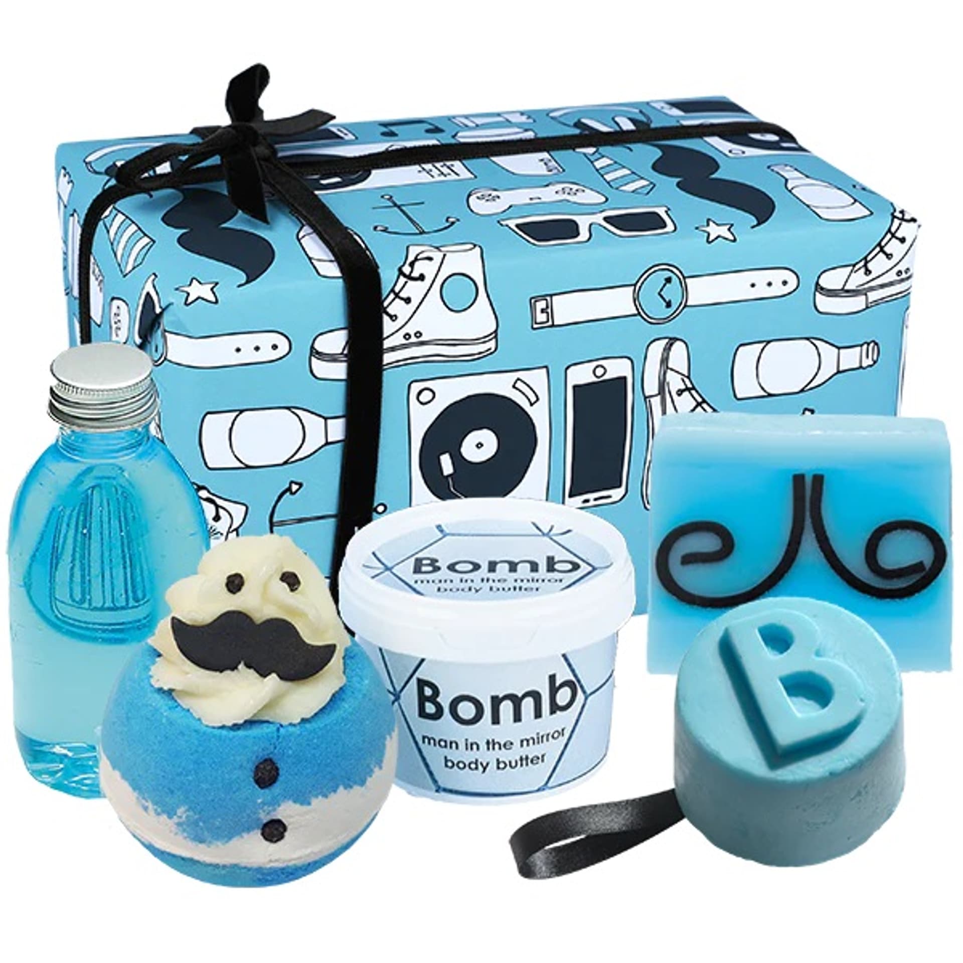 

BOMB COSMETICS SET Wave Hello Shower Gel 200ml + Dapper Chap Soap 100g + Sir Fizzalot Bath Blaster 160g + Man In The Mirror Body Butter 110ml + Yes Man Solid Shower Gel 110g