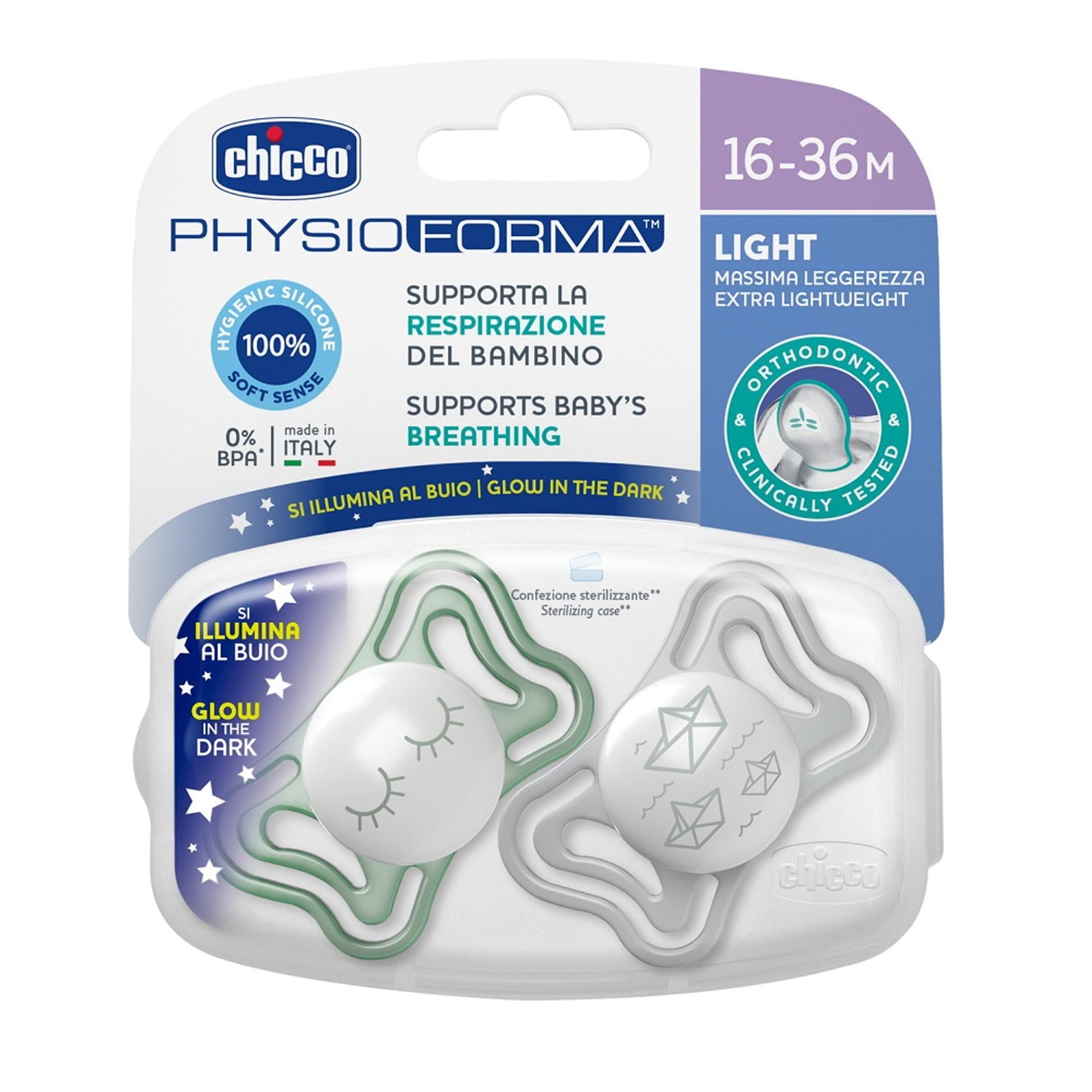 

CHICCO Physio Light smoczek silikonowy 16-36M Lumi 2szt.