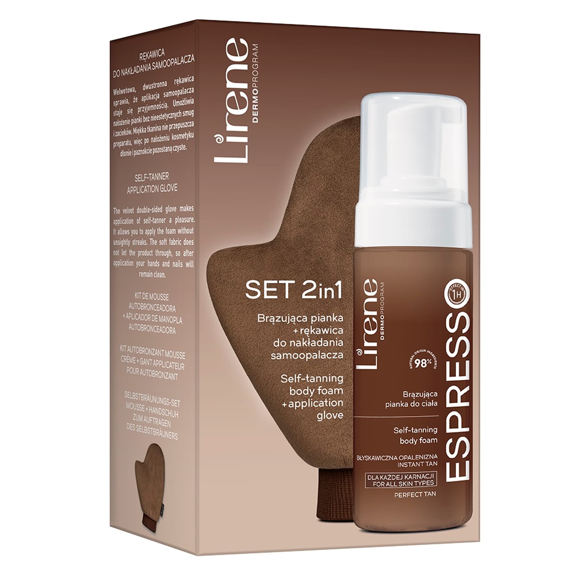 

LIRENE SET 2in1 Self-Tanning Body Foam brązująca pianka 150ml + Application Glove rękawica do nakładania samoopalacza