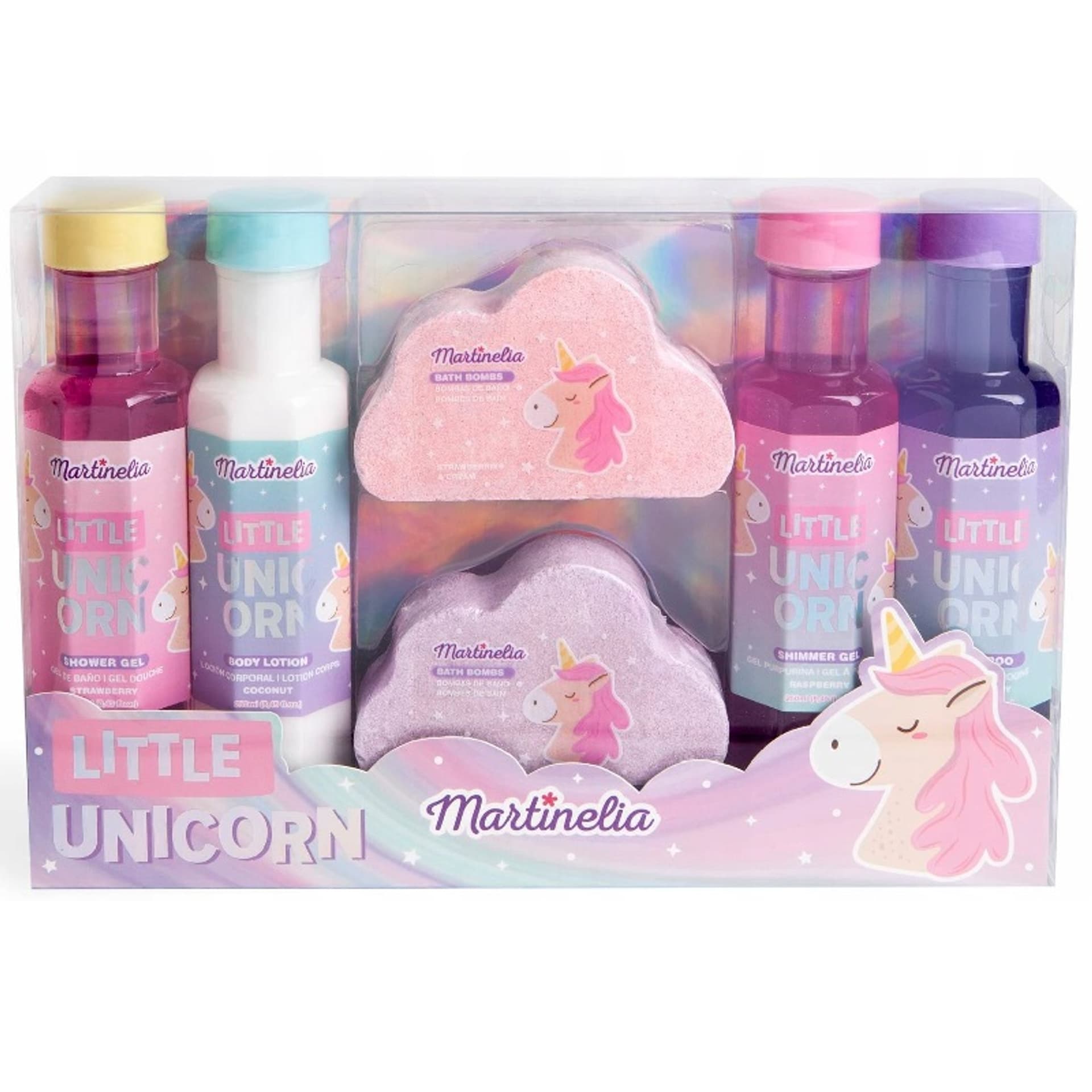 

MARTINELIA SET Little Unicorn Bath Gift Set Chmurka musująca do kąpieli 2x150g + Balsam do ciała o zapachu kokosowym 240ml + Żel pod prysznic o zapachu truskawkowym 240ml + Żel pod prysznic o zapachu malinowym 240ml + Szampon do włosów 240ml