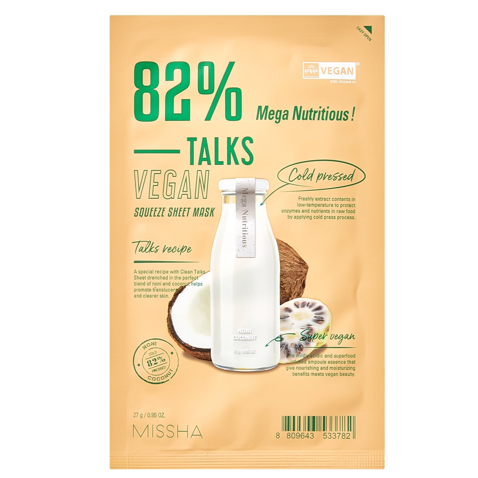 

MISSHA Talks Vegan Squeeze Sheet Mask nawilżająco-odżywcza maseczka w płachcie na bazie ekstraktów z morindy i kokosa Mega Nutritious 27g