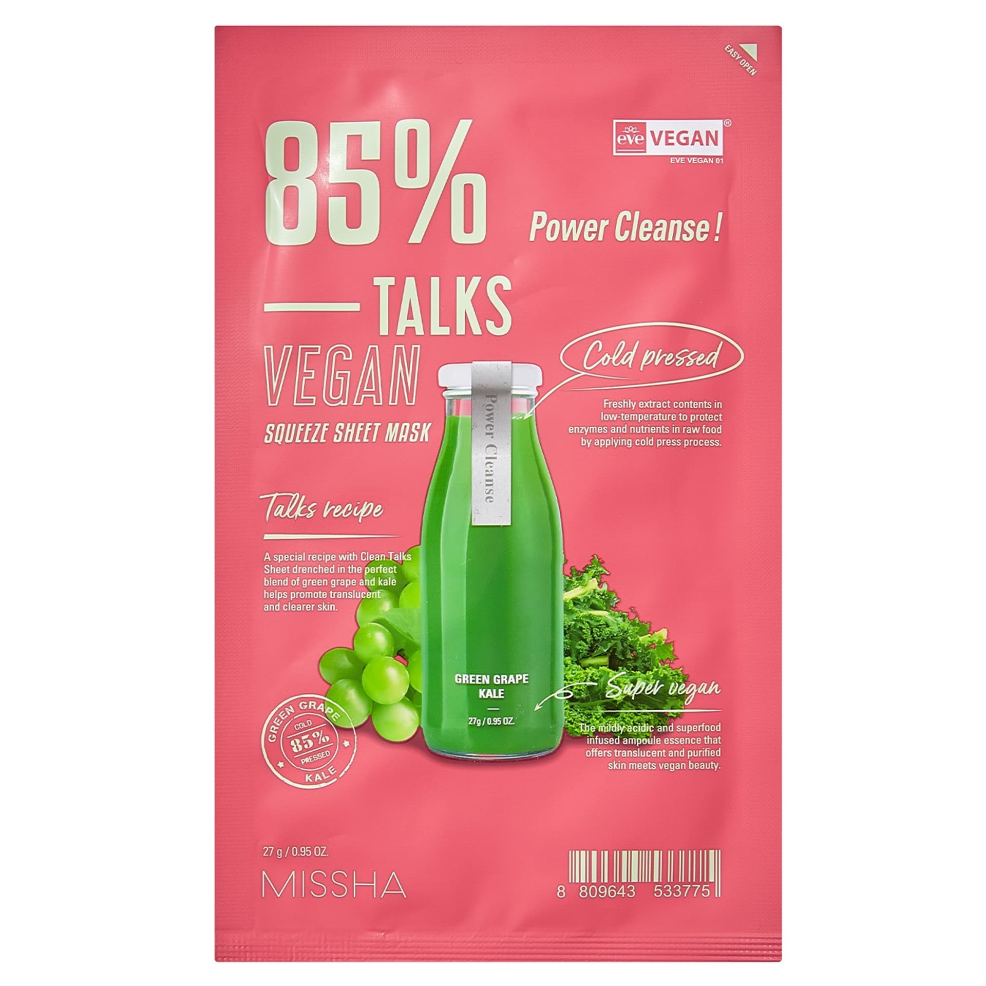 

MISSHA Talks Vegan Squeeze Sheet Mask oczyszczająca maseczka w płachcie na bazie ekstraktów z winogrona i jarmużu Power Cleanse 27g