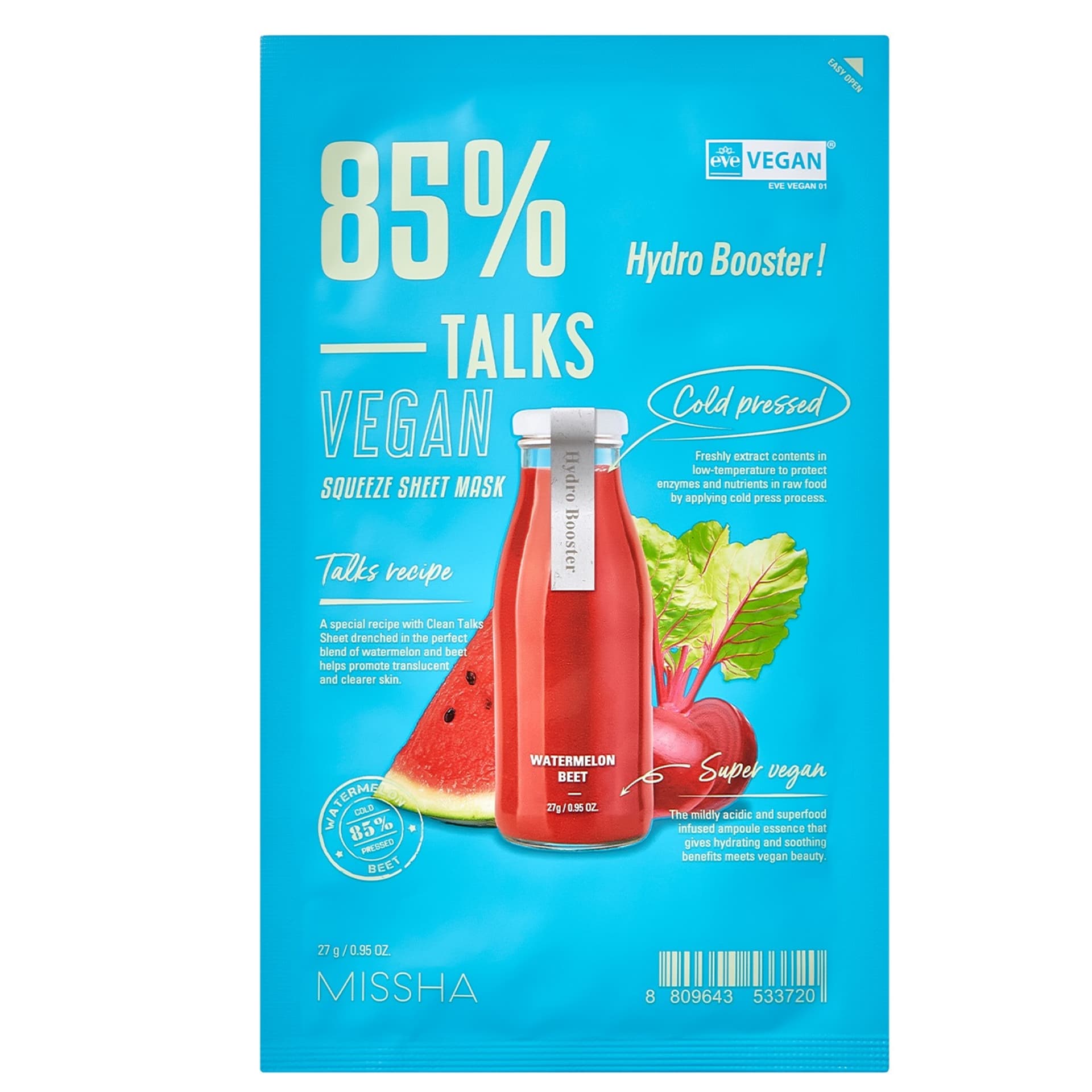 

MISSHA Talks Vegan Squeeze Sheet Mask rewitalizująco-nawadniająca maseczka w płachcie na bazie ekstraktów z buraka i arbuza Hydro Booster 27g