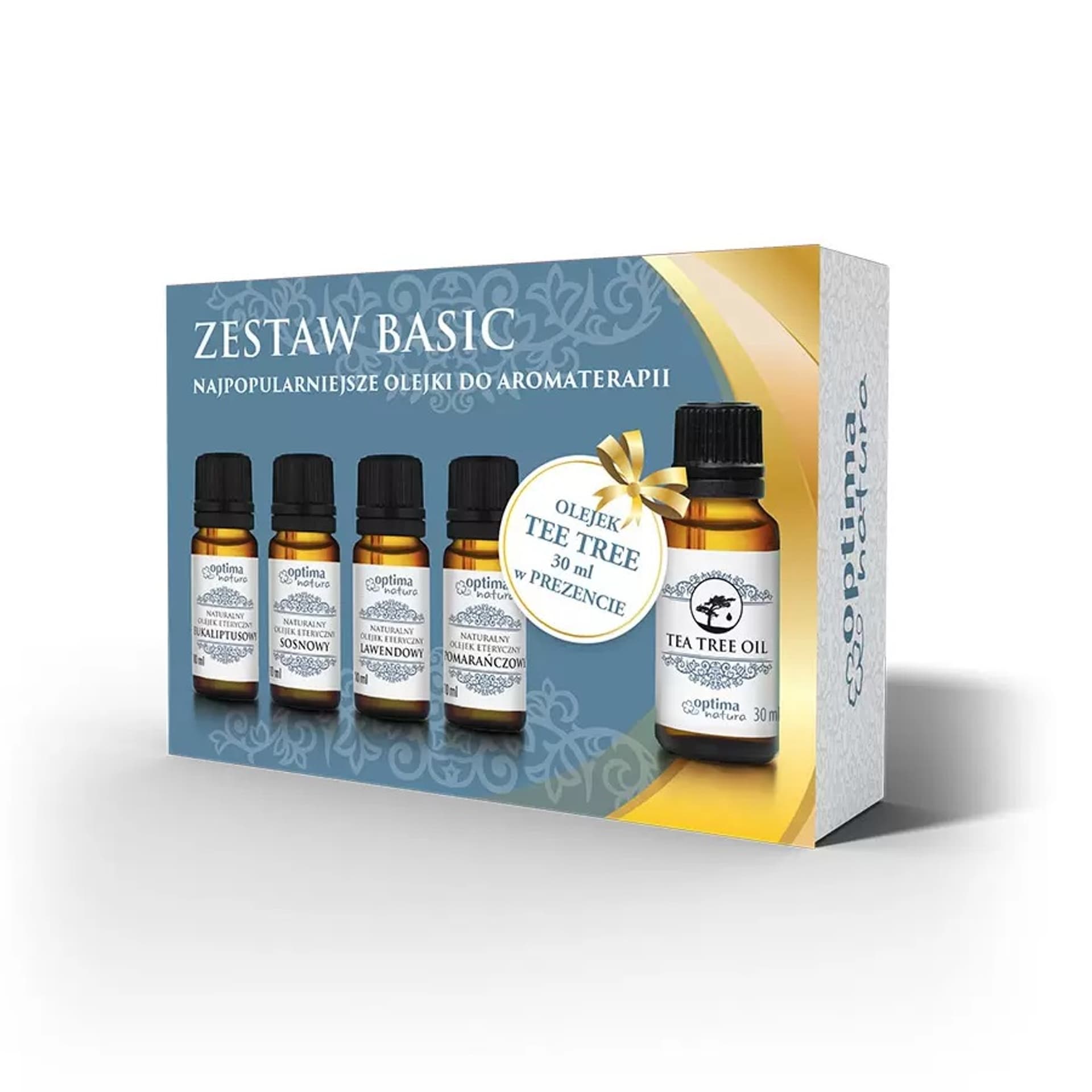 

OPTIMA NATURA SET Zestaw Basic najpopularniejsze olejki do aromaterapii Eukaliptusowy 10ml + Sosnowy 10ml + Lawendowy 10ml + Pomarańczowy 10ml + Tea Tree 30ml