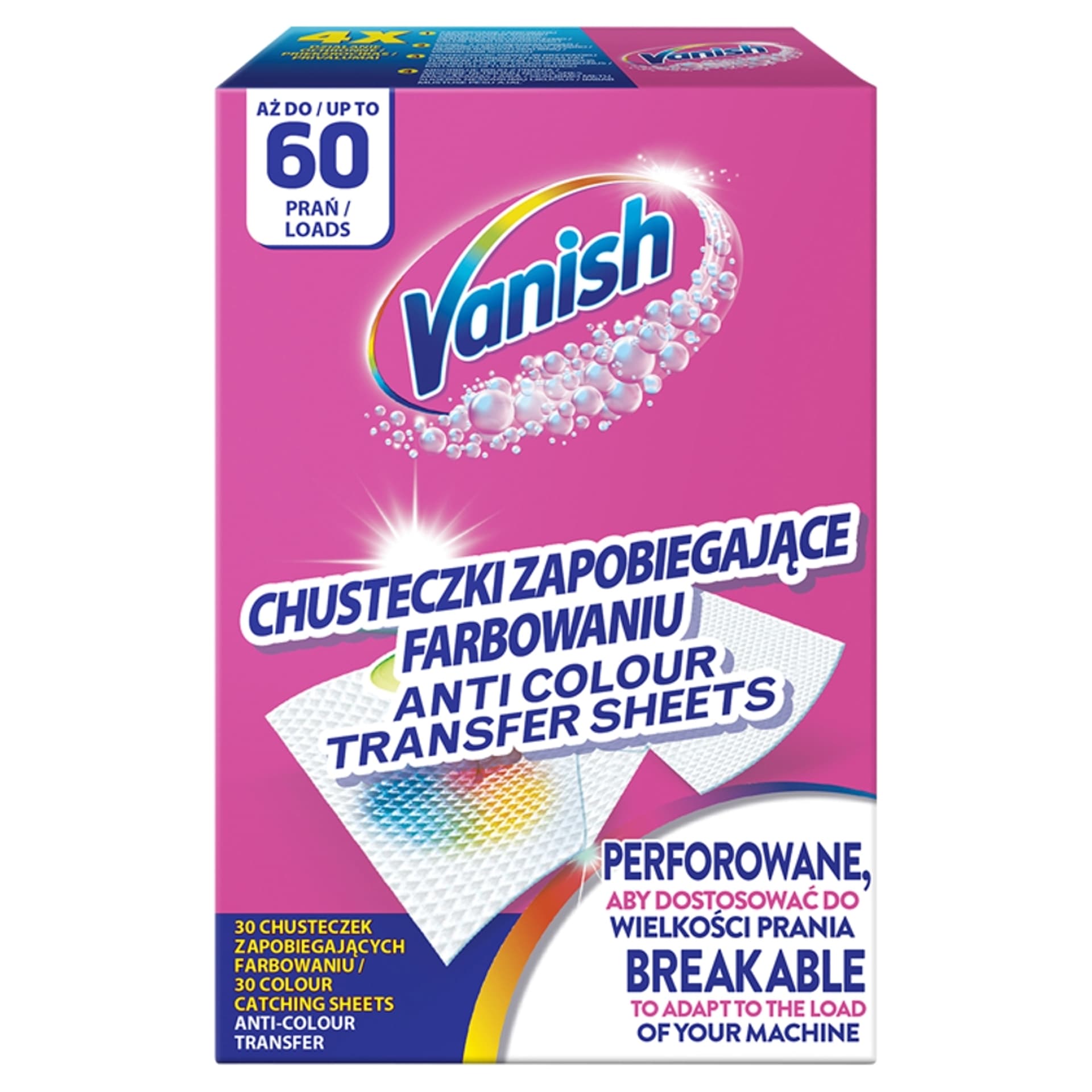 

VANISH Color Protect chusteczki zapobiegające farbowaniu ubrań 60 prań (30 sztuk)