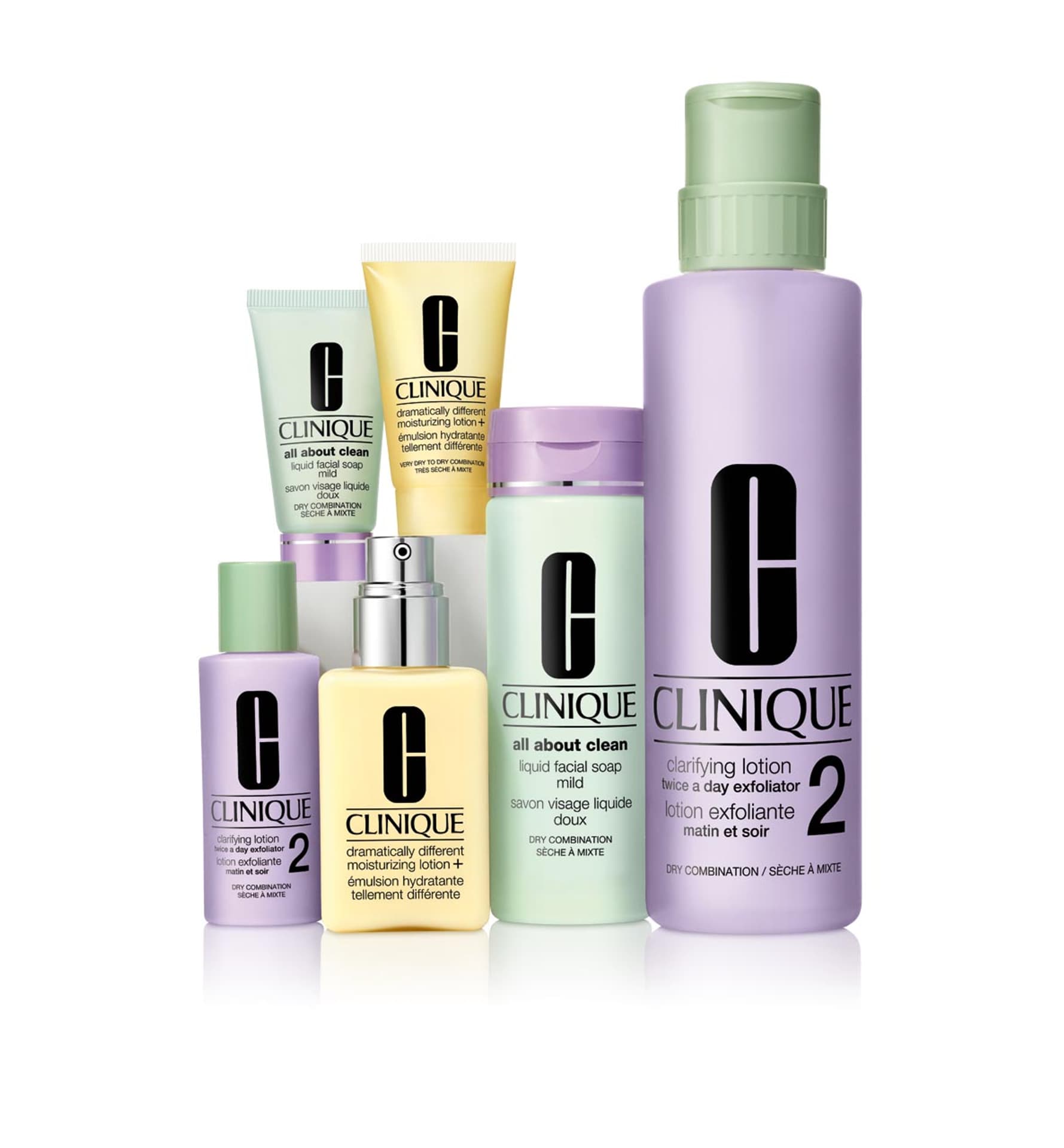 

CLINIQUE SET Great Deal For Dry Combination Skin Liquid Facial Soap Mild 29,5ml + Clarifying Lotion 28ml + Dramatically Different Moisturizing Lotion+ 120ml