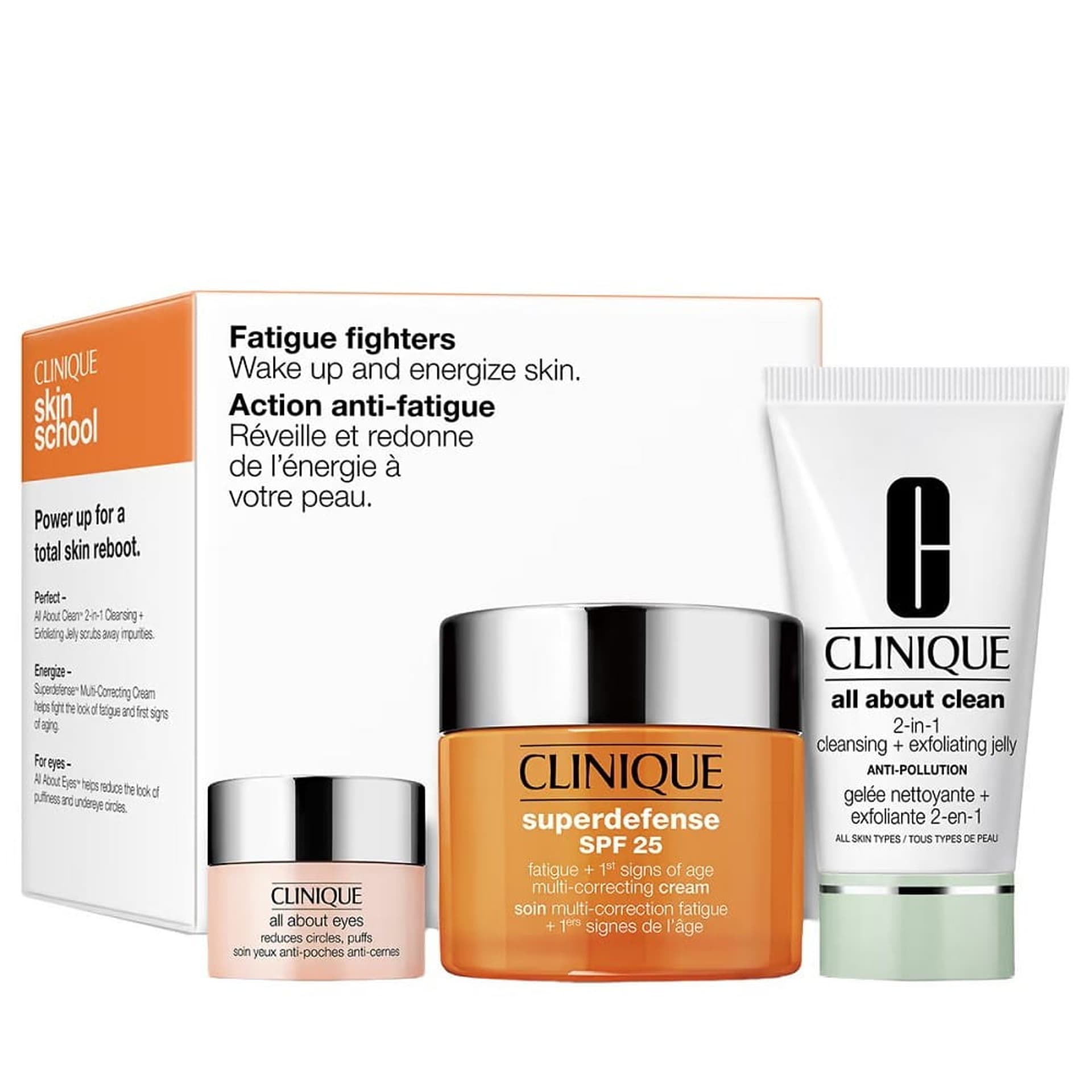 

CLINIQUE SET Fatigue Fighters All About Clean 2in1 Jelly 30ml + Superdefense SPF25 Multi Correcting Cream 50ml + All About Eyes 5ml