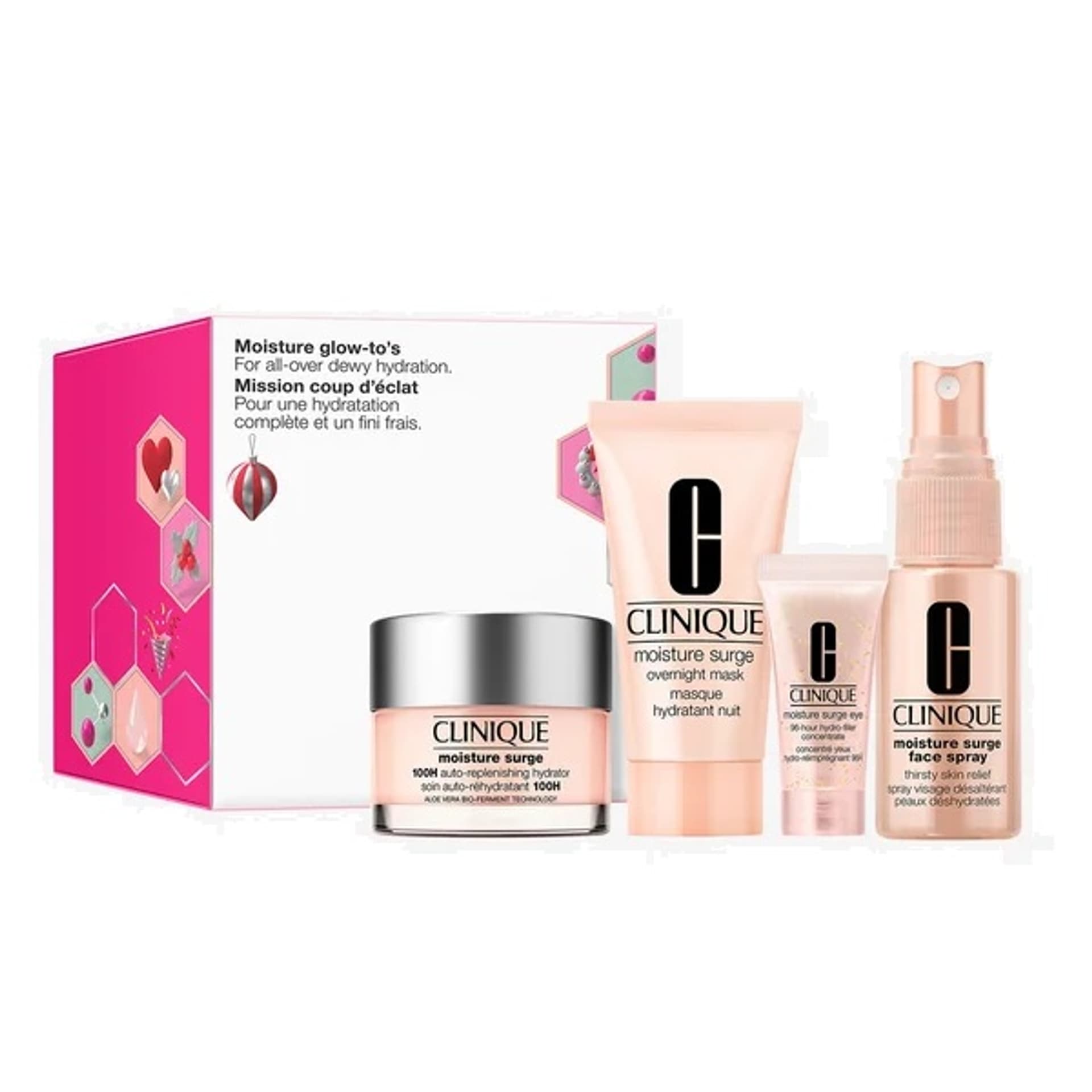 

CLINIQUE SET Moisture Glow-To'S Moisture Surge 100-H Auto-Replenishing Hydrator 30ml + Moisture Surge Overnight Mask 30ml + Moisture Surge Eye 96-Hour Hydro-Filler Concentrate 5ml + Moisture Surge Face Spray Thirsty Skin Relief 30ml
