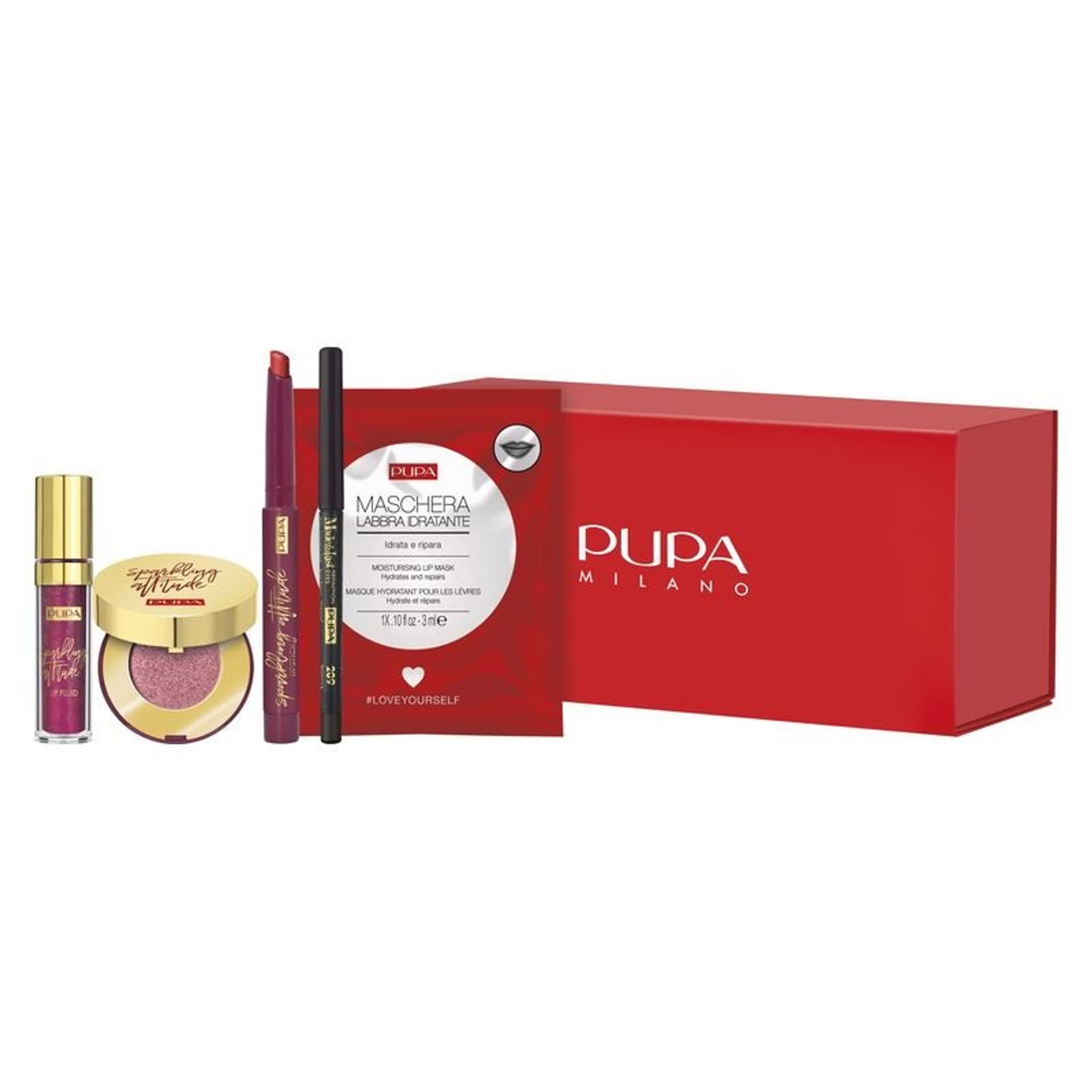 

PUPA SET My Fabulous Beauty Box cień do powiek 1,8g + kredka do oczu 0,35g + pomadka do ust 1,2g + fluid do ust 3,5ml + maska do ust 3ml
