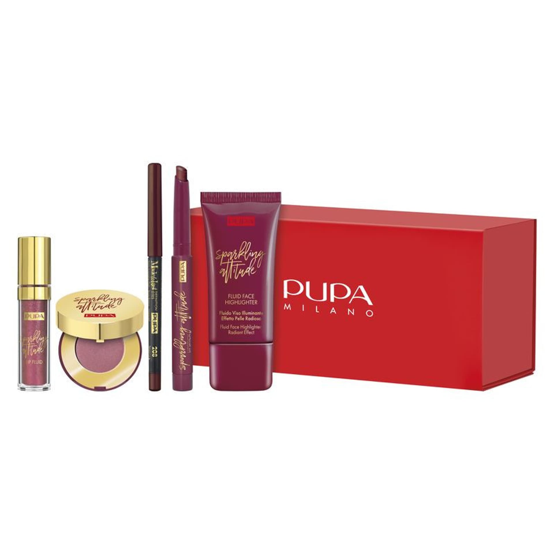 

PUPA SET My Fabulous Beauty Box cień do powiek 1,8g + kredka do oczu 0,35g + pomadka do ust 1,2g + pomadka w płynie do ust 3,5ml + płynny rozświetlacz do twarzy 30ml