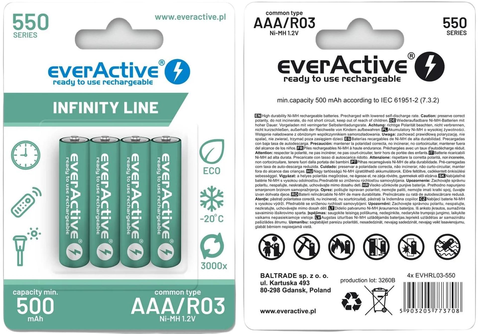 

Akumulatorki AAA / R03 Ni-MH everActive 550mAh Infinity Line 3000 cykli (blister 4 szt.)