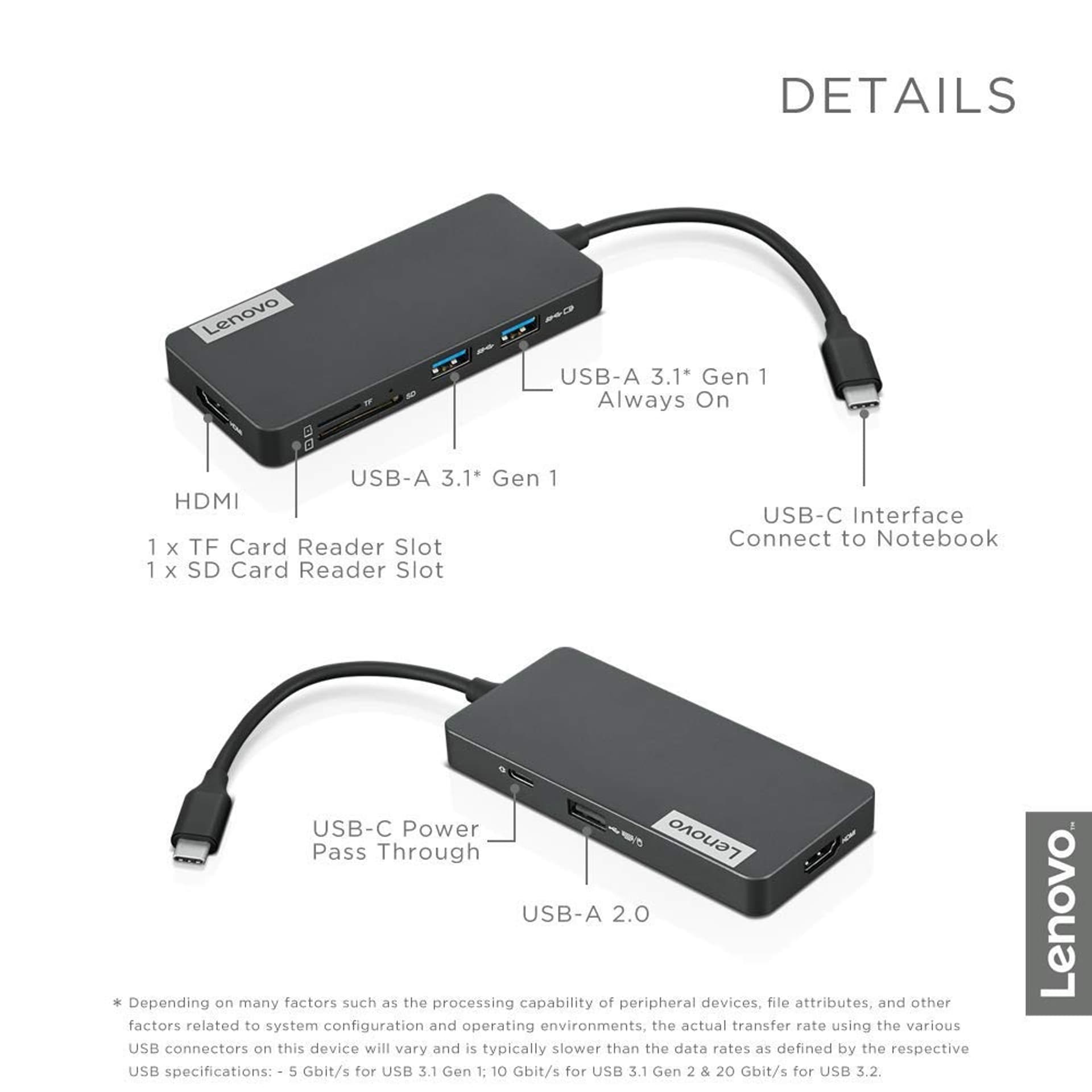 

Lenovo USB-C 7-in-1 Hub USB, porty USB 3.0 (3.1 Gen 1) ilość 2, porty USB 2.0 ilość 1, porty HDMI ilość 1