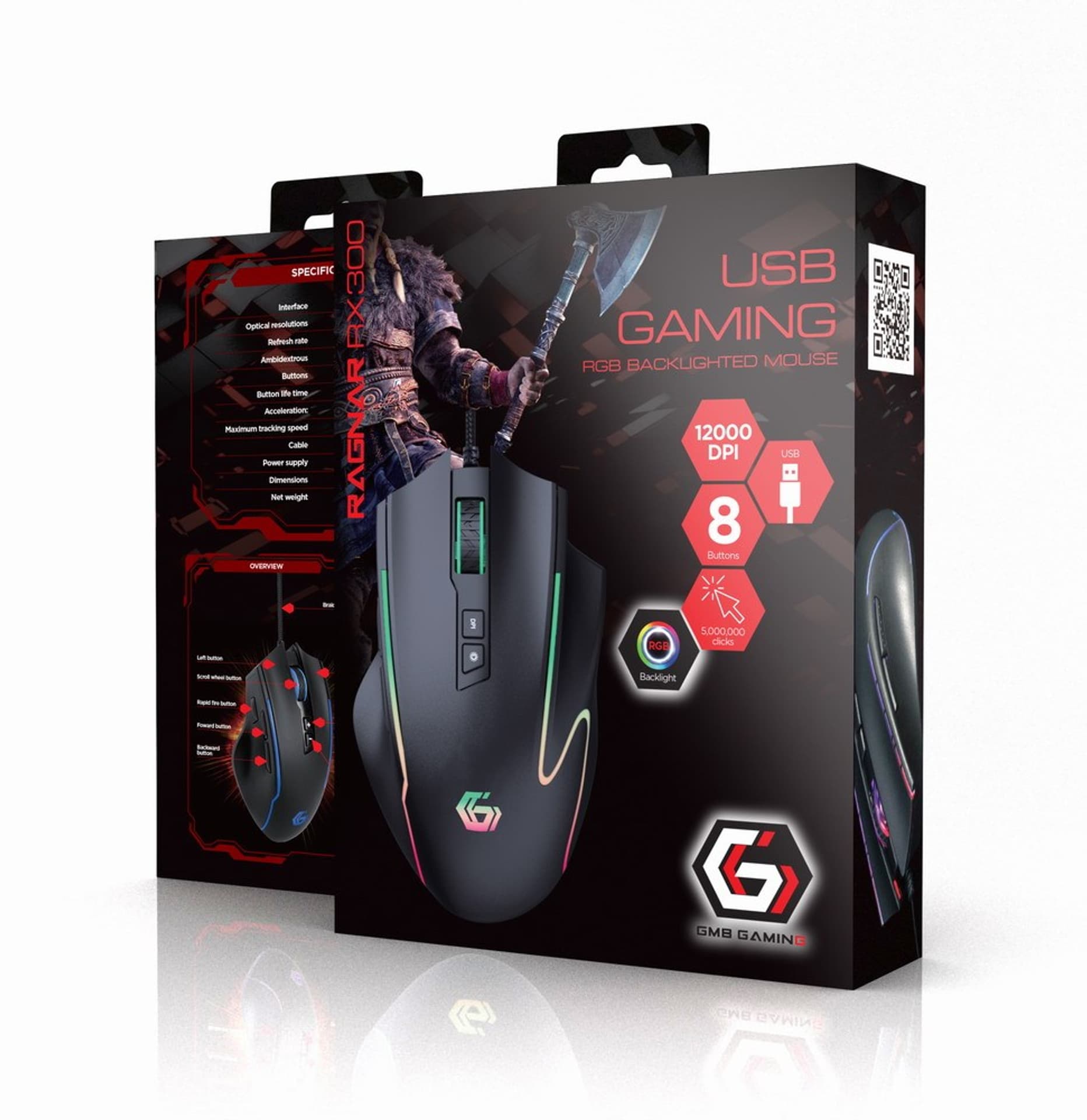 

GEMBIRD GAMINGOWA MYSZ USB Z PODŚWIETLENIEM RGB RAGNAR RX300 8 PRZYCISKÓW, 12000DPI, CZARNA