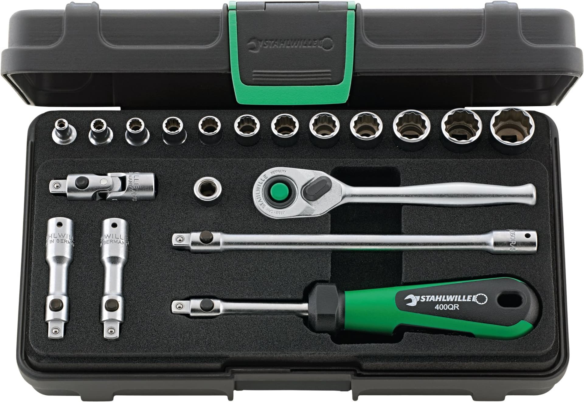 

Zestaw narzędzi 1/4" QR: 40a 1/8", 40aD 5/32"-9/16"+grzechotka+akcesoria,19-el.w walizce ABS STAHLWILLE