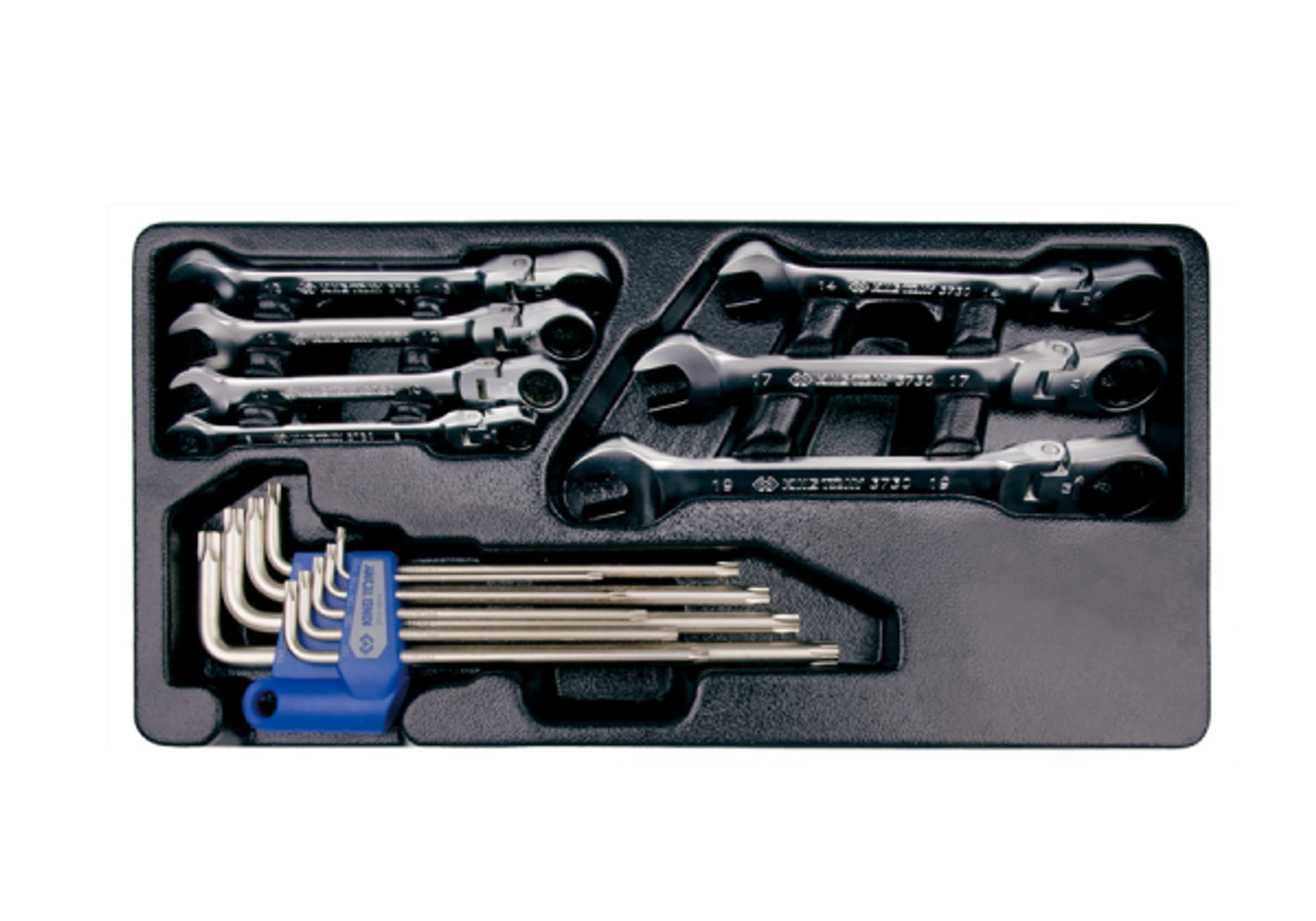 

ZESTAW NARZĘDZI 16cz. KLUCZE PŁASKO-OCZKOWE PRZEGUBOWE Z GRZECHOTKĄ 8 - 19mm + TORXY T10 - T50, WKŁAD DO WÓZKA King Tony