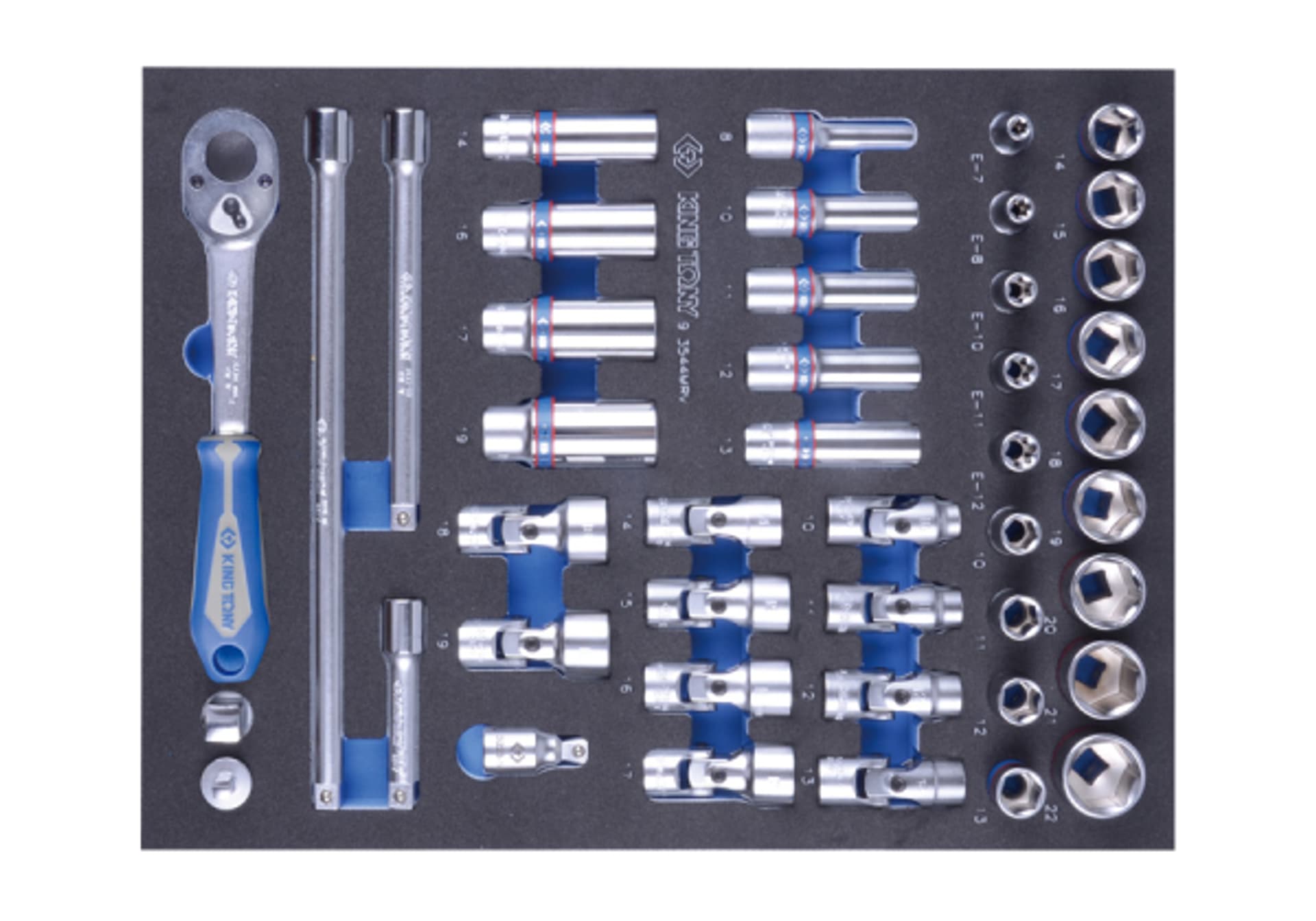 

ZESTAW NASADEK 3/8" 44cz. KRÓTKIE 6-kąt.10-22mm,DŁUGIE 12-kąt. 8-19mm, Z AKCESORIAMI, WKŁAD Z PIANKI EVA DO WÓZKA King Tony