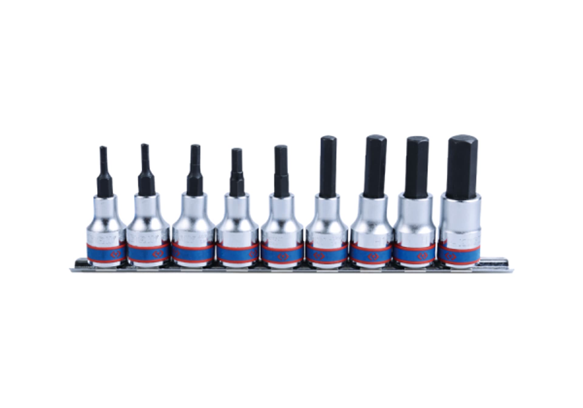 

ZESTAW NASADEK Z KOŃCÓWKĄ HEX 1/2" 9 cz. DŁUGIE 4 - 17mm ZESTAW NA SZYNIE King Tony