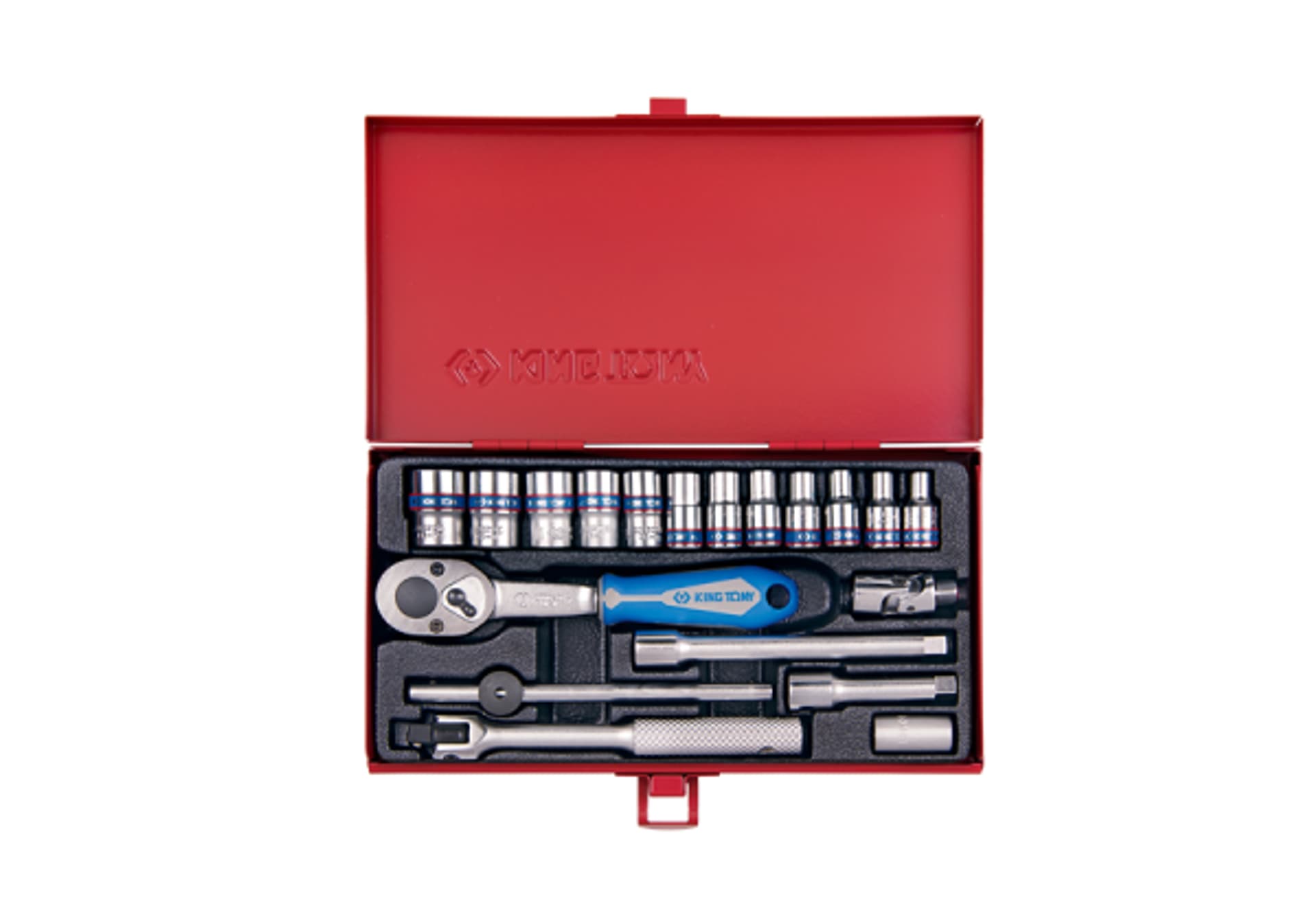 

ZESTAW NASADEK 1/4" 19cz. KRÓTKIE 12-kąt. 4 - 13mm Z GRZECHOTKĄ I AKCESORIAMI, KASETA King Tony
