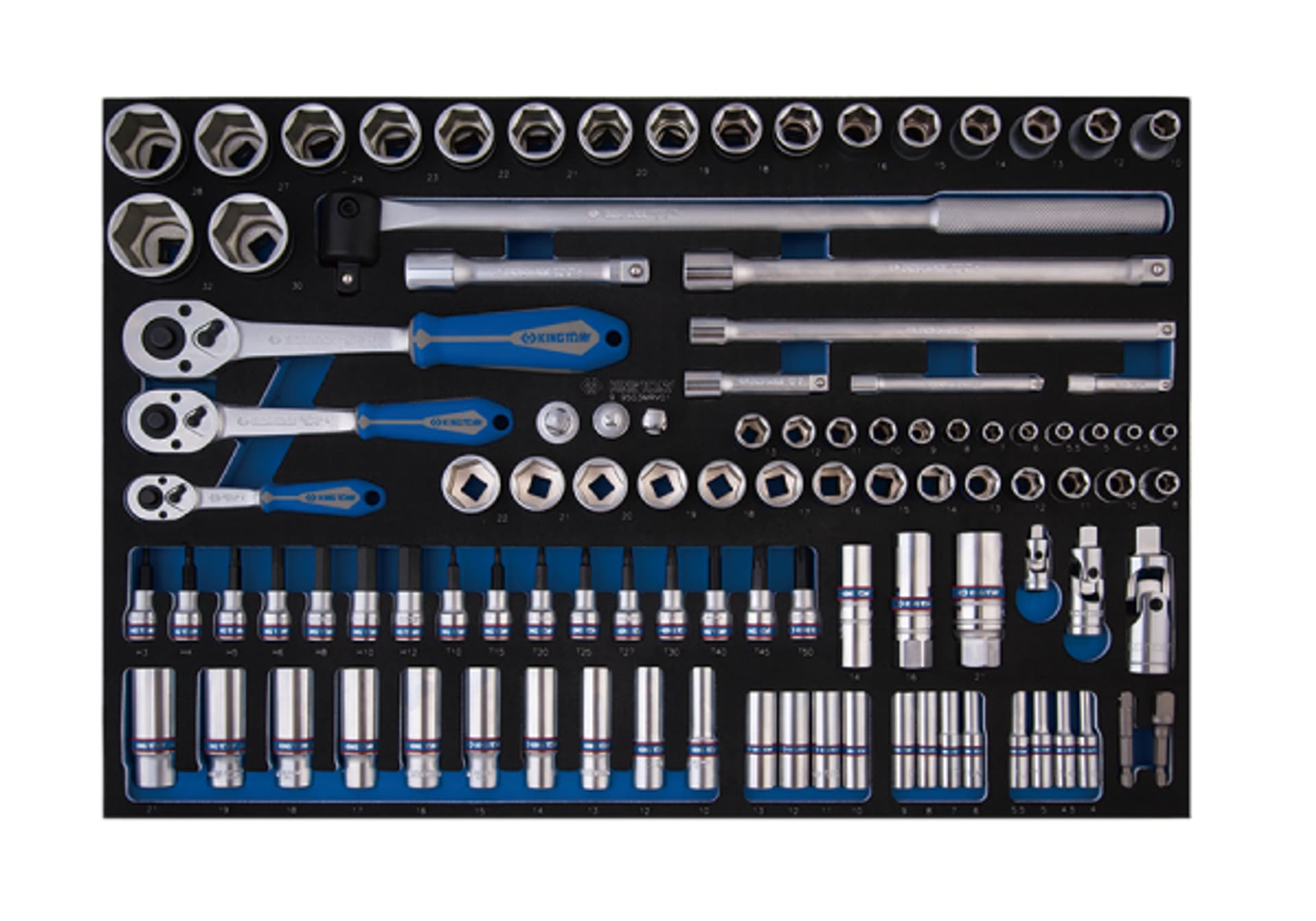 

ZESTAW NASADEK 1/4"+3/8"+1/2" 103cz. 6-kąt. 4 - 32mm Z AKCESORIAMI, WKŁAD Z PIANKI, DO WÓZKA King Tony