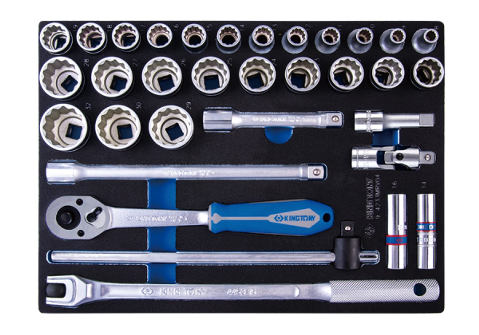 

ZESTAW NASADEK 1/2" 33cz. KRÓTKIE 12-kąt. 8 - 32mm Z AKCESORIAMI, WKŁAD Z PIANKI EVA DO WÓZKA King Tony