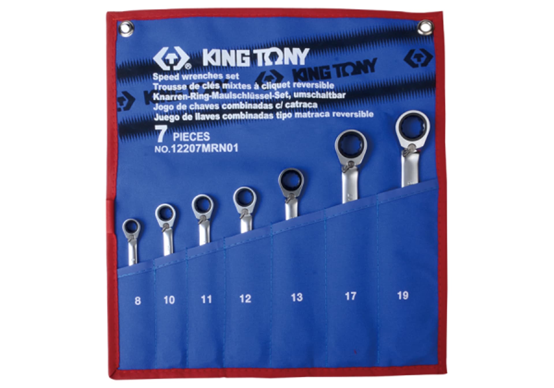 

ZESTAW KLUCZY PŁASKO-OCZKOWYCH Z GRZECHOTKĄ DWUKIERUNKOWĄ 7cz. 8 - 19mm, ETUI King Tony
