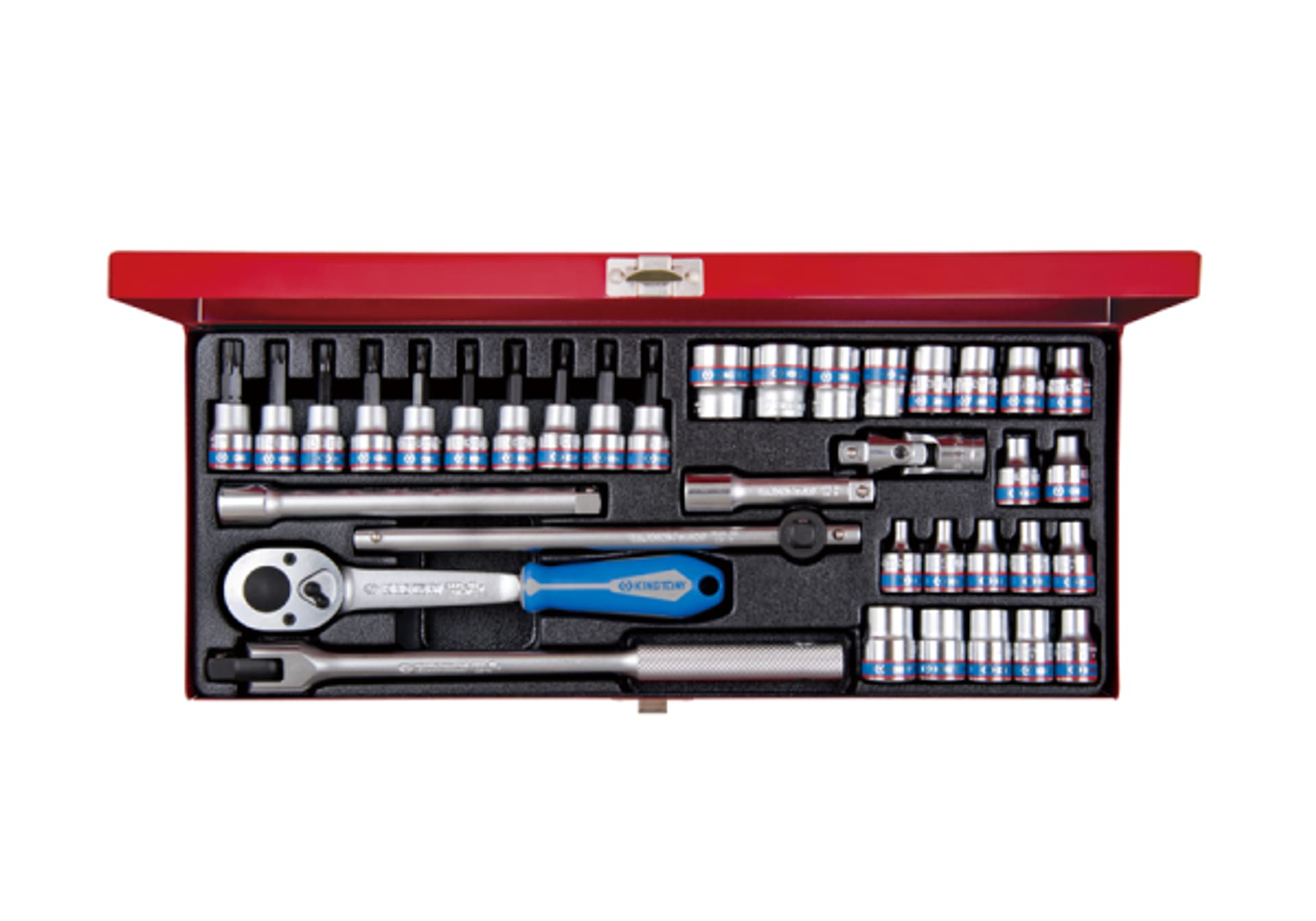 

ZESTAW NARZĘDZI 3/8" 34cz. NASADKI KRÓTKIE 6-kąt. 6 - 19mm, E4 - E18, T8 - T40 Z GRZECHOTKĄ I AKCESORIAMI, KASETA King Tony