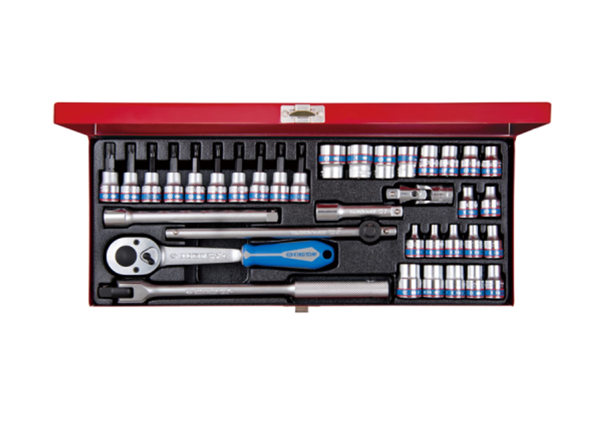 

ZESTAW NARZĘDZI 3/8" 34cz. NASADKI KRÓTKIE 12-kąt. 6 - 19mm, E4 - E18, T8 - T40 Z GRZECHOTKĄ I AKCESORIAMI, KASETA King Tony
