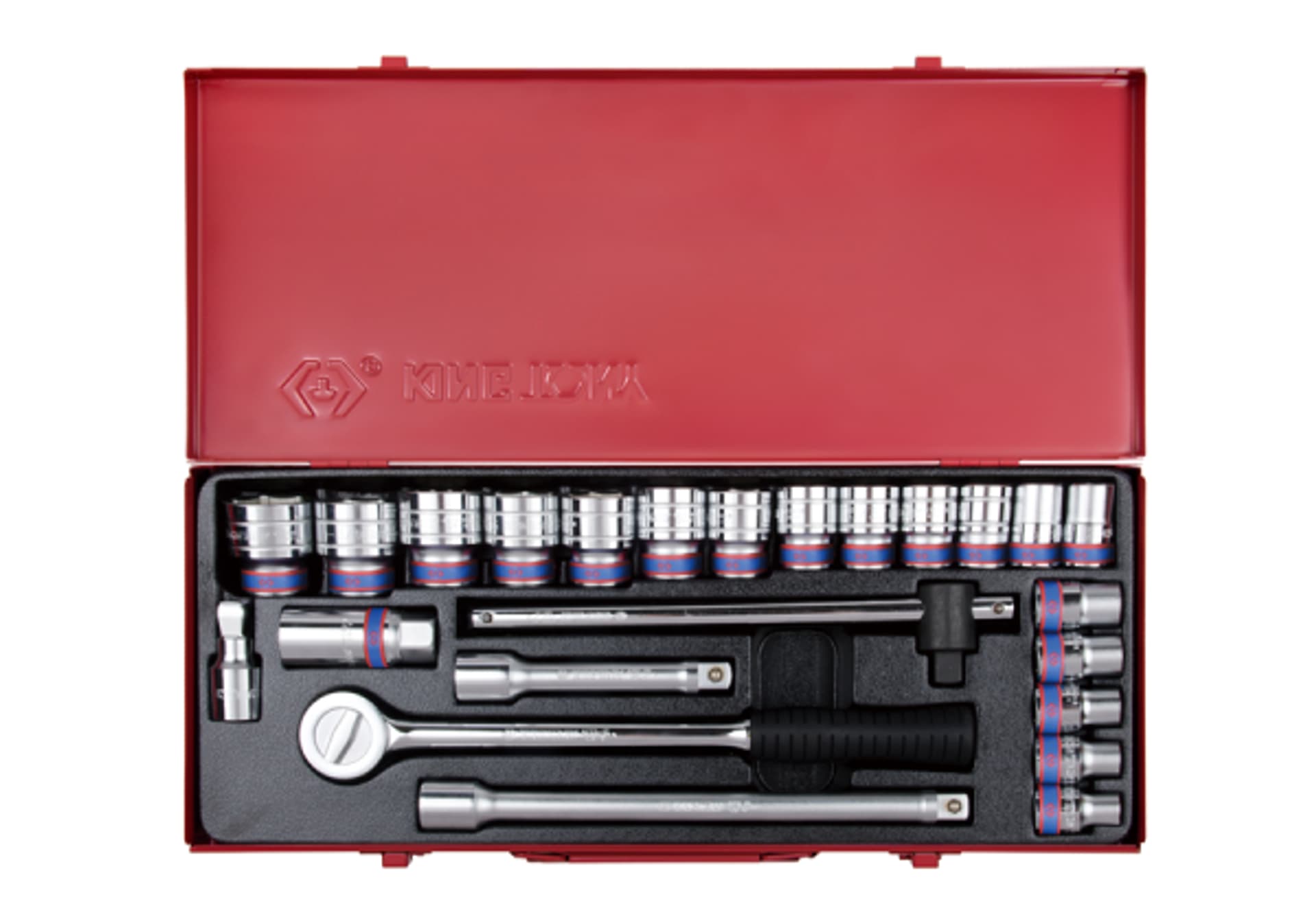 

ZESTAW NASADEK 1/2" 24cz. KRÓTKIE 6-kąt. 10 - 32mm Z AKCESORIAMI, KASETA King Tony