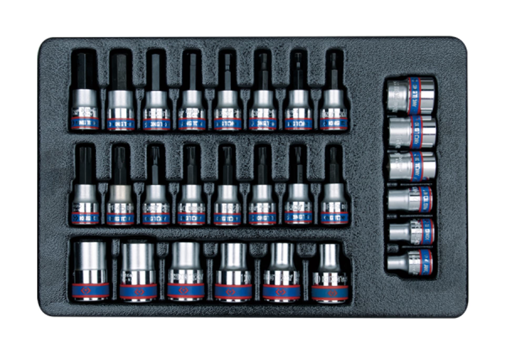 

ZESTAW NASADEK 3/8" + 1/2", HEX H3 - H12, TORX T15 + T50, GWIAZDKI E8 - E20, WKŁAD DO WÓZKA King Tony