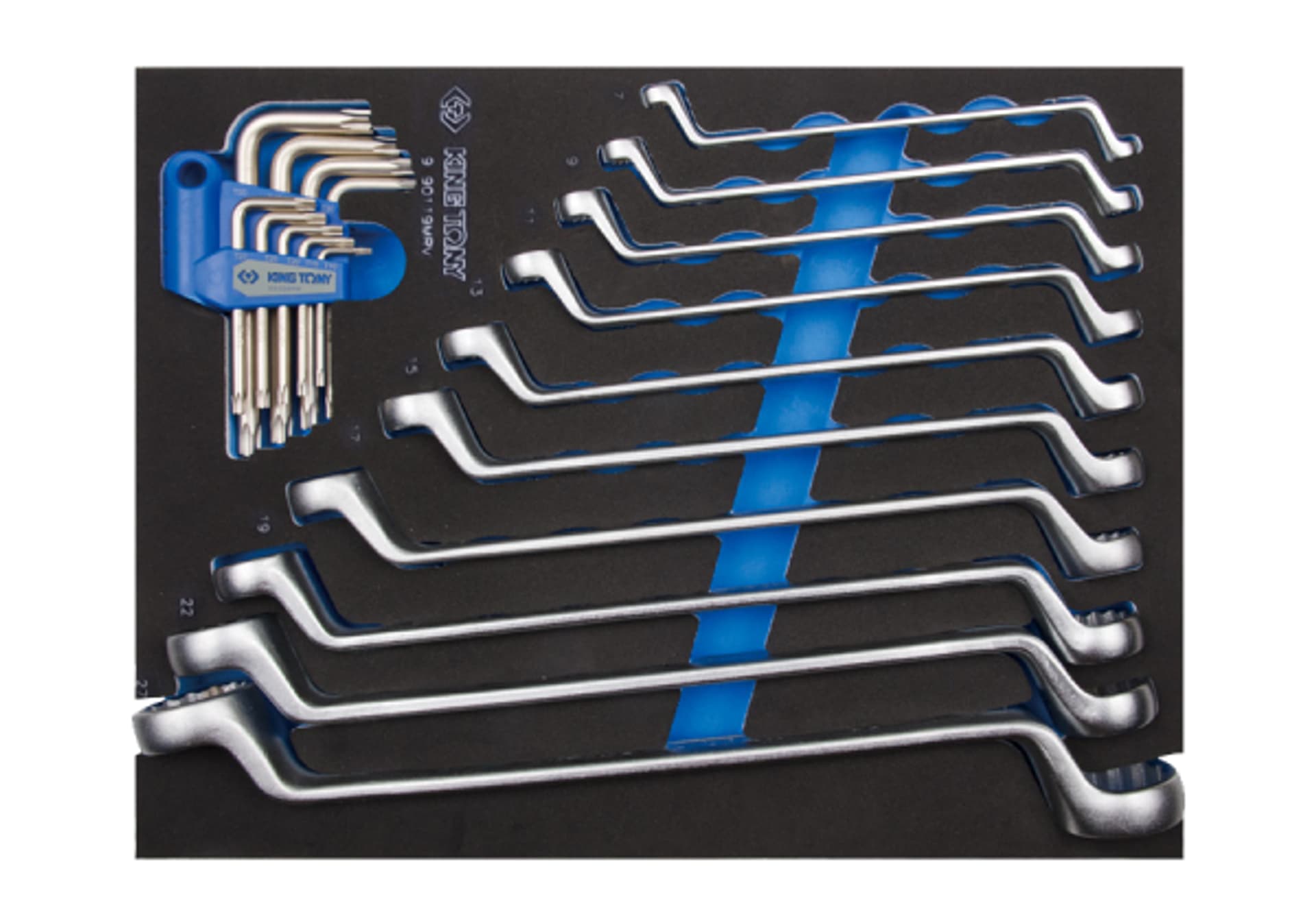 

ZESTAW 19cz. KLUCZE OCZKOWO ODGIĘTE 6 - 32mm + TORX T10 - T50, WKŁAD Z PIANKI EVA DO WÓZKA King Tony