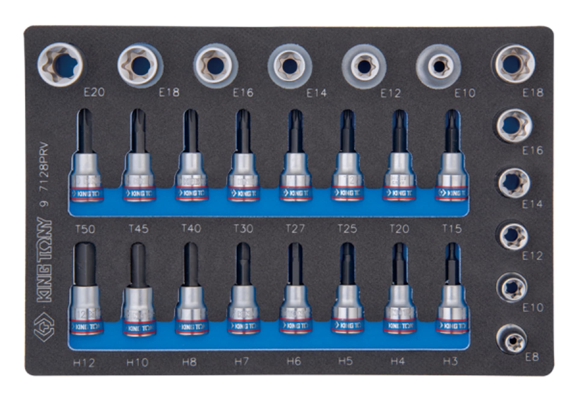 

ZESTAW NASADEK 3/8" + 1/2", HEX H3 - H12, TORX T15 + T50, GWIAZDKI E8 - E20, WKŁAD Z PIANKI, DO WÓZKA King Tony