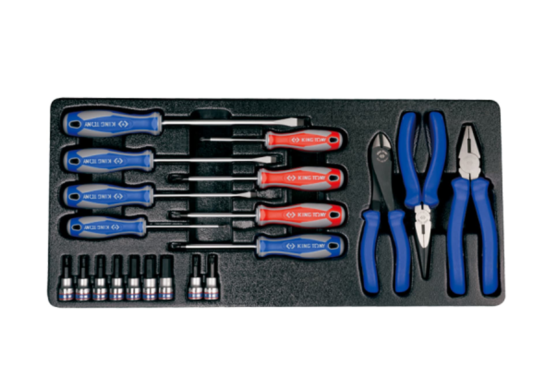 

ZESTAW NARZĘDZI 20 cz. WKRĘTAKI + NASADKI 3/8" HEX H3 - H12, TORX T30, T40 + SZCZYPCE, WKŁAD DO SKRZYNKI King Tony