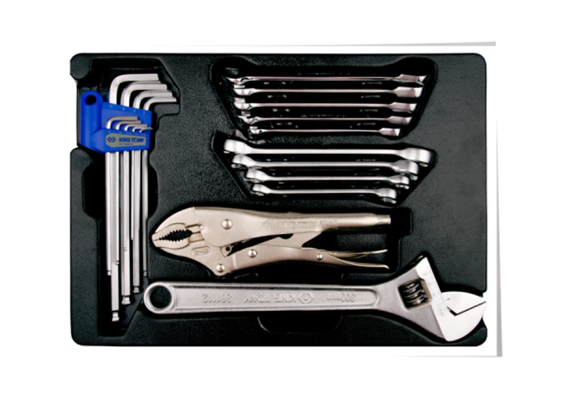 

ZESTAW NARZĘDZI 20cz. - KLUCZE PŁASKO-OCZKOWE Z GRZECHOTKĄ JEDNOKIERUNKOWĄ 5cz. 8 - 14mm, IMBUSY 9 szt. 1120, WKŁAD DO WÓZKA King Tony