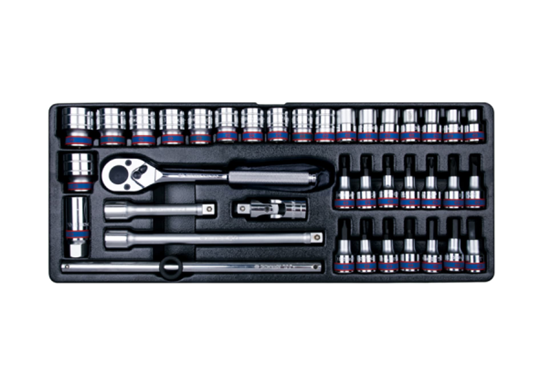

ZESTAW NASADEK 1/2" 38cz. KRÓTKIE 6-kąt. 10 - 32mm, HEX 4 - 12, ZESTAW WKRĘTAKÓW, TORX T25 - T40 Z AKCESORIAMI, WKŁAD DO SKRZYNI King Tony