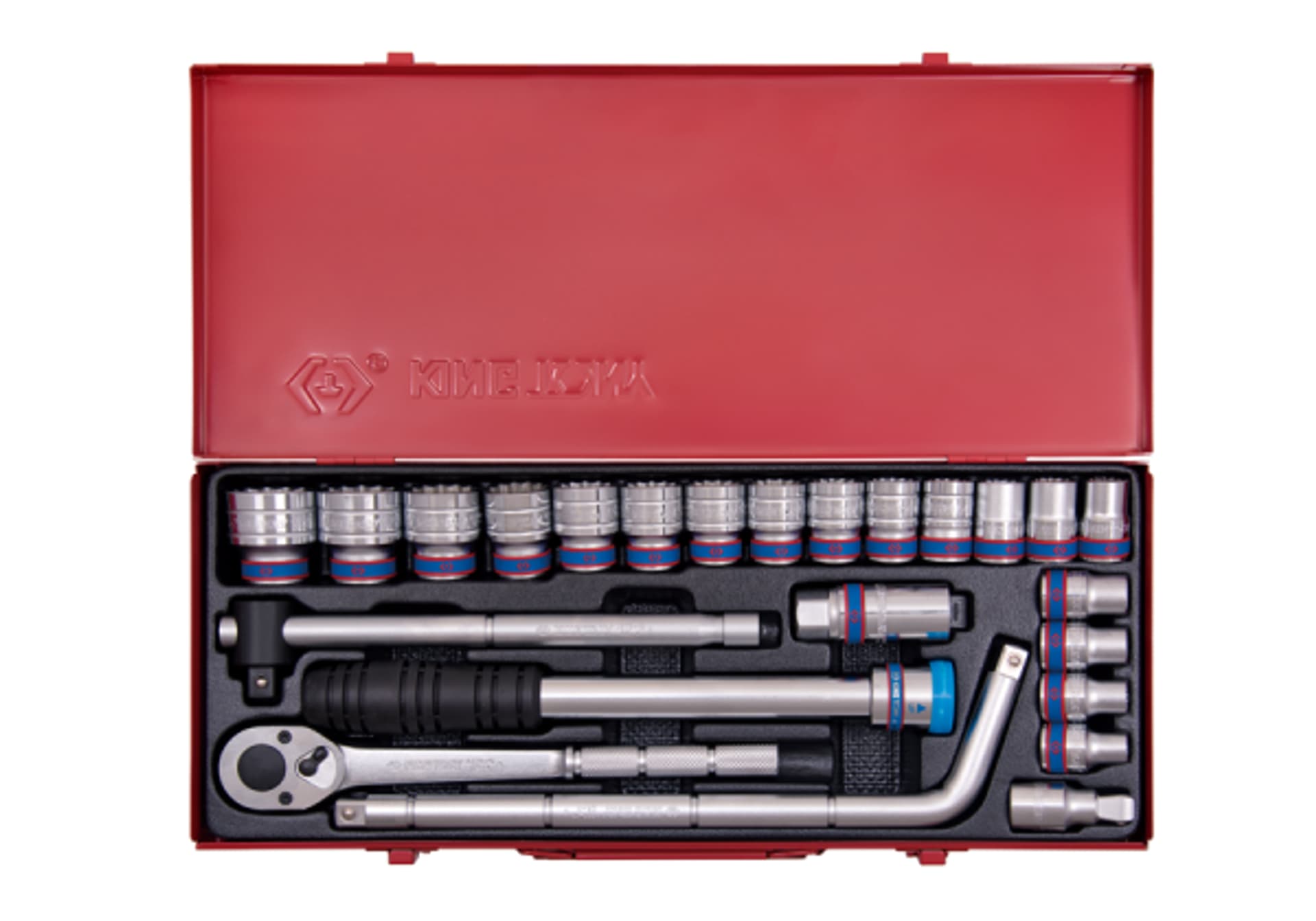 

ZESTAW NASADEK 1/2" 24cz. KRÓTKIE 12-kąt. 10 - 32mm Z GRZECHOTKĄ I AKCESORIAMI, KASETA King Tony