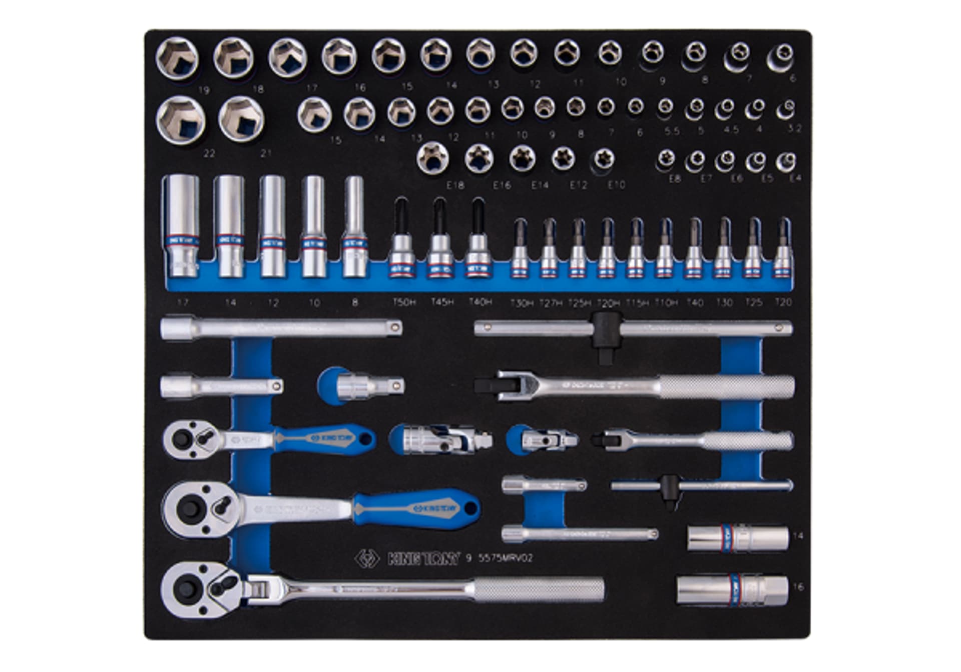 

ZESTAW NASADEK 1/4" + 3/8" 75cz. KRÓTKIE/DŁUGIE, 6-kąt. 3.2 - 22mm Z AKCESORIAMI, WKŁAD Z PIANKI EVA DO WÓZKA King Tony