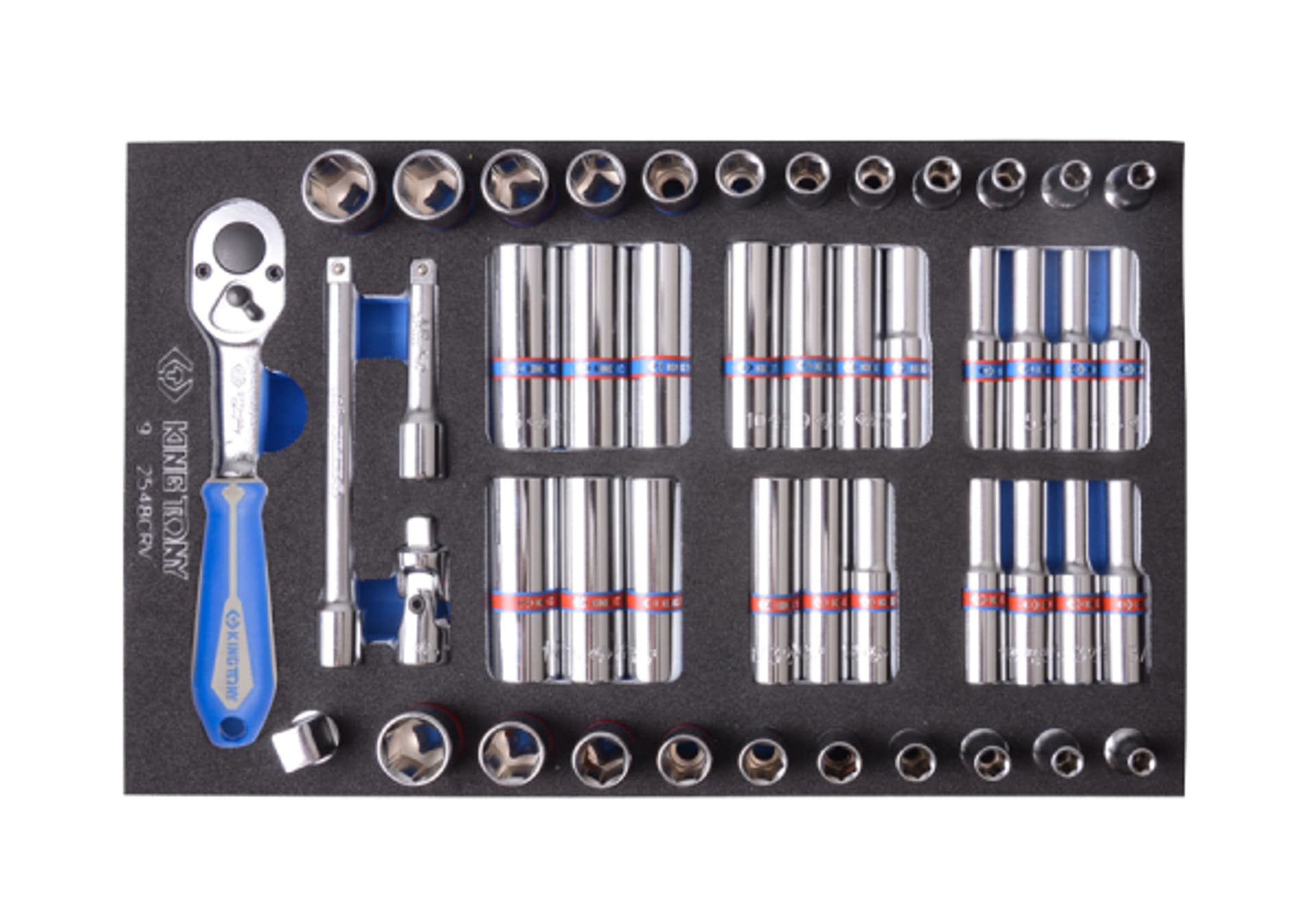 

ZESTAW NASADEK 1/4" 48cz. KRÓTKIE/DŁUGIE, 6-kąt. 4 - 13mm, CALOWE 5/32"-1/2" Z AKCESORIAMI, WKŁAD Z PIANKI EVA DO WÓZKA King Tony