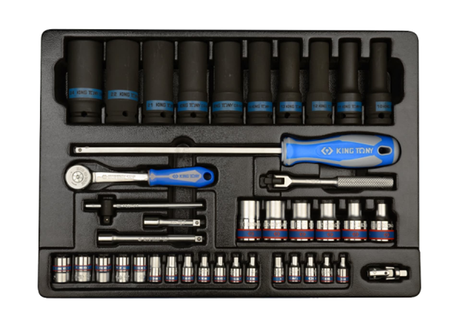 

ZESTAW NASADEK 1/4" + 1/2" 40cz. 4 - 13mm, E4 - E20 Z AKCESORIAMI, CHROM + UDAROWE DŁUGIE 10 -24mm, WKŁAD DO WÓZKA King Tony
